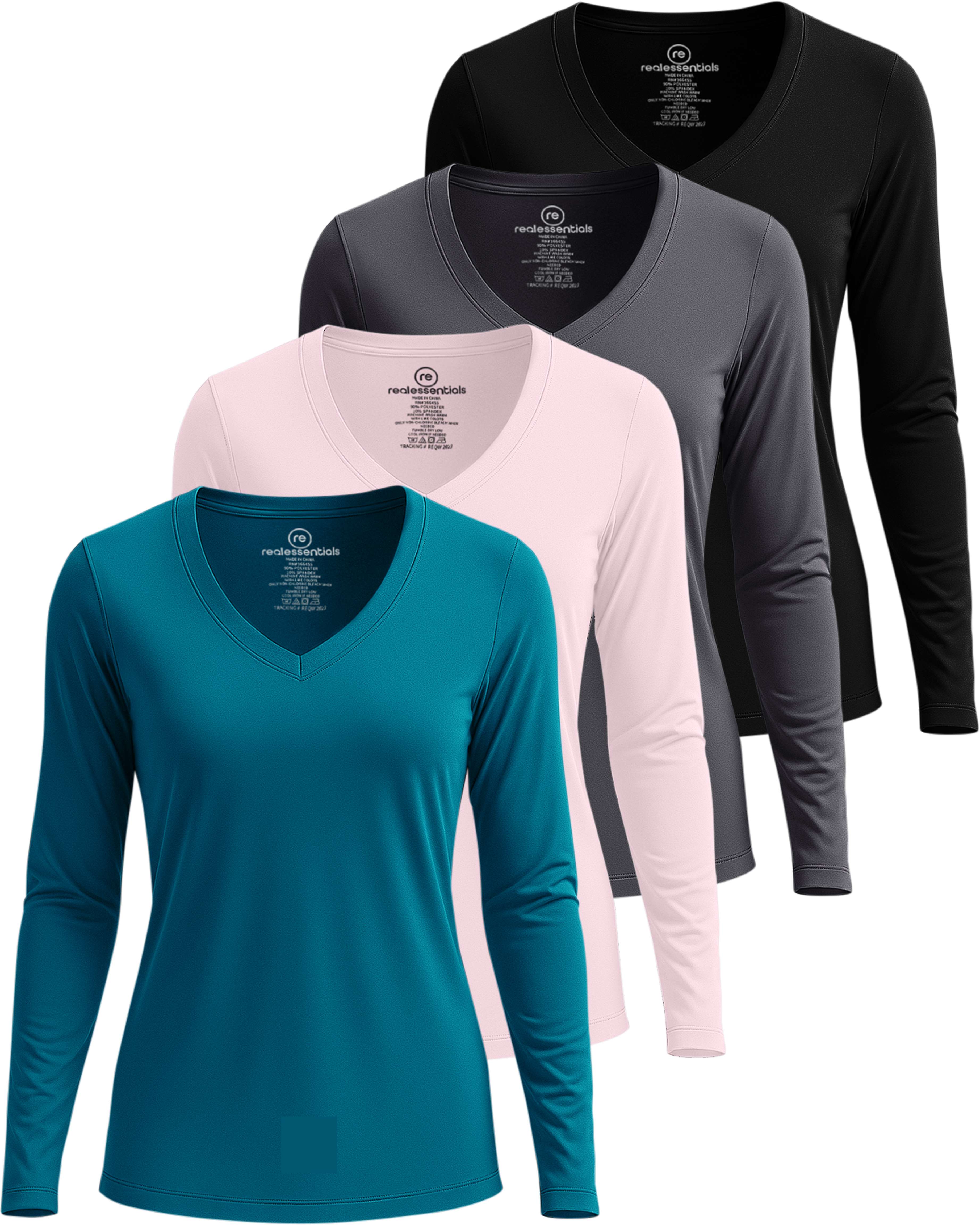 4 Pack: Women's Dry-Fit Long-Sleeve V-Neck Athletic Workout Shirt (Available in Plus Size)