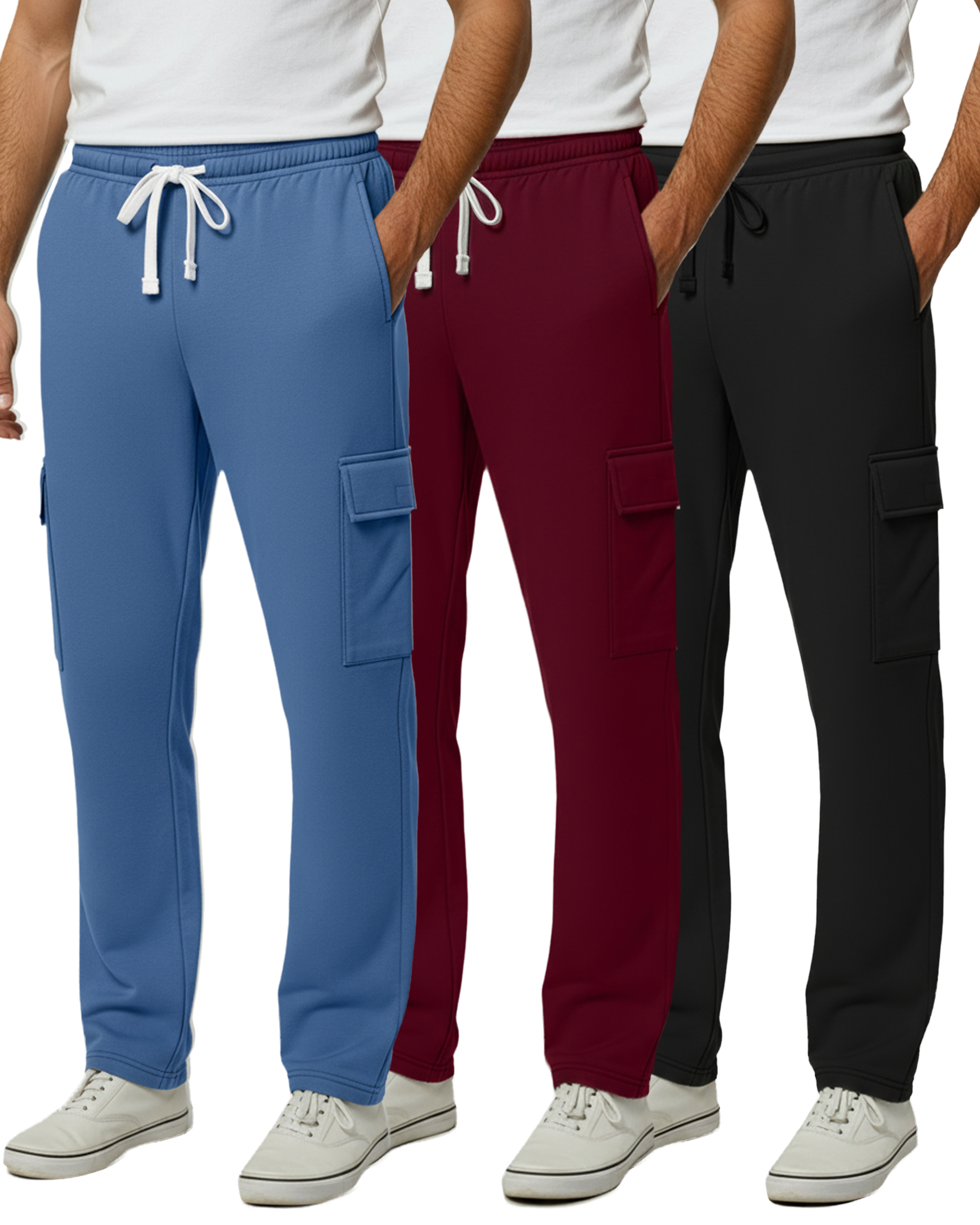 3 Pack: Mens Fleece Cargo Open Bottom Sweatpants