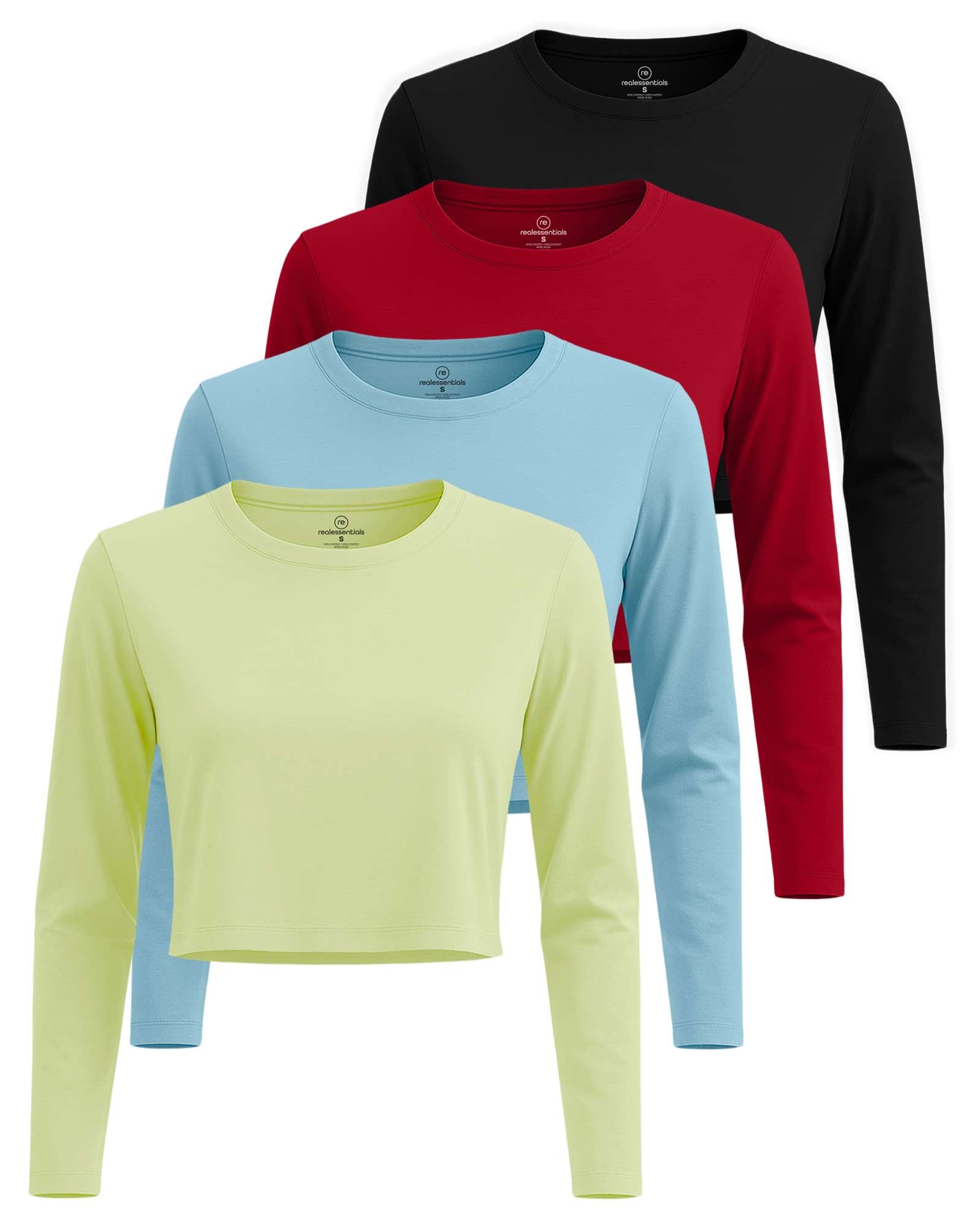 4 Pack: Women's Long Sleeve Crew Crop Top ( Available in Plus Size)