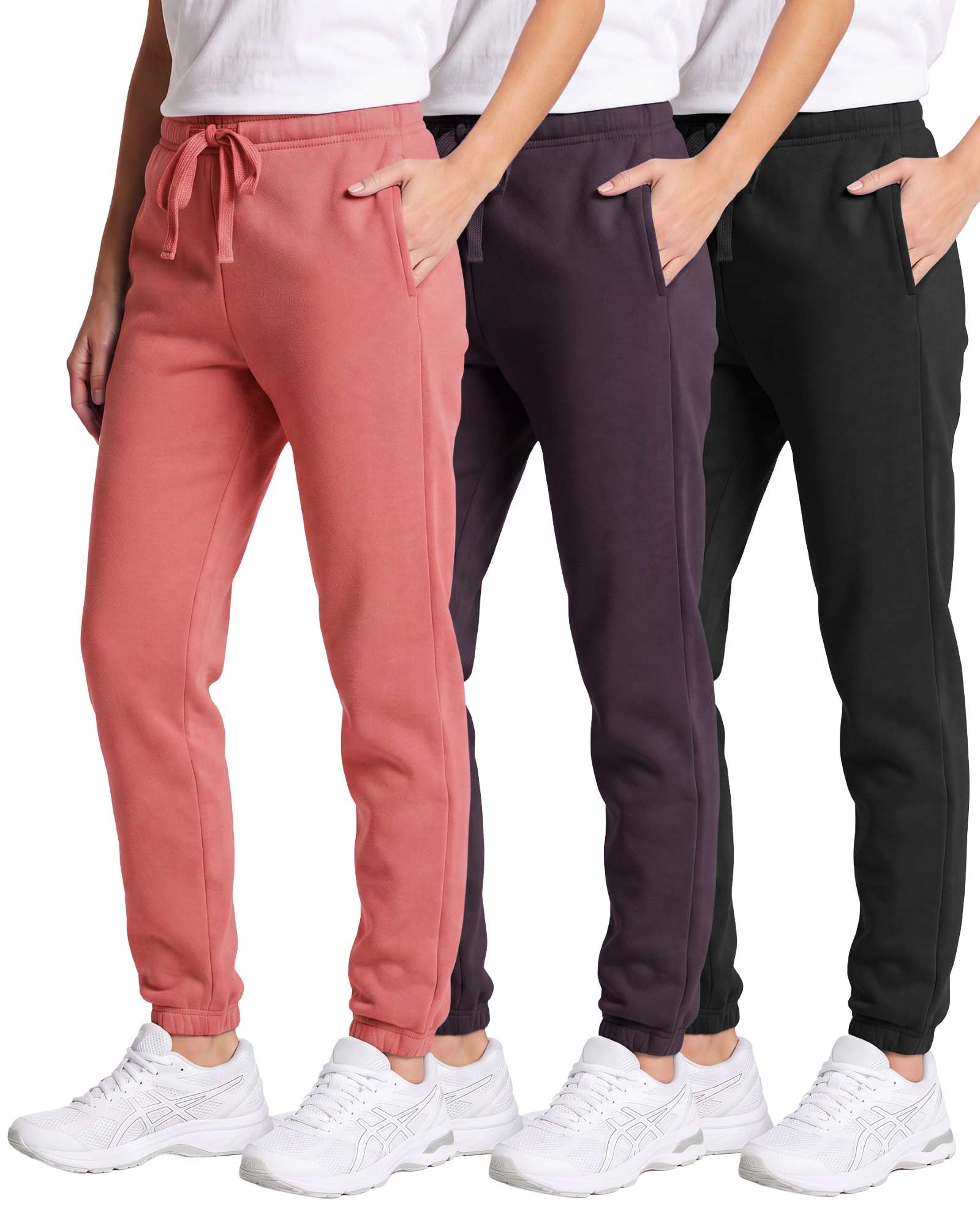 Real Essentials 3 Pack Girls' Cotton Fleece Joggers Sweatpants Kids Teens Pants Sweats - Solid Black, Solid Plum Perfect, Solid Lantana