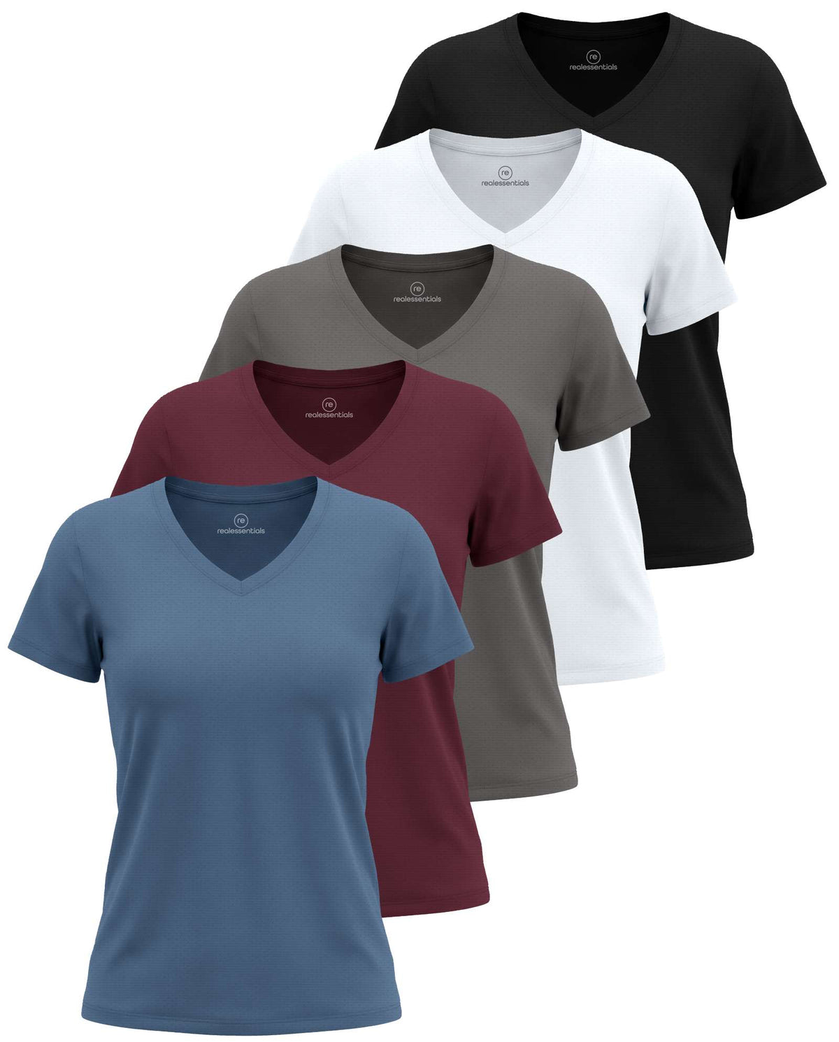 Real Essentials 5 Pack Women's V Neck Tshirts Short Sleeve Dry Fit Workout Tops Tees Shirts - Solid Black, Solid Bright White, Charcoal, Burgundy, Solid Elemental Blue
