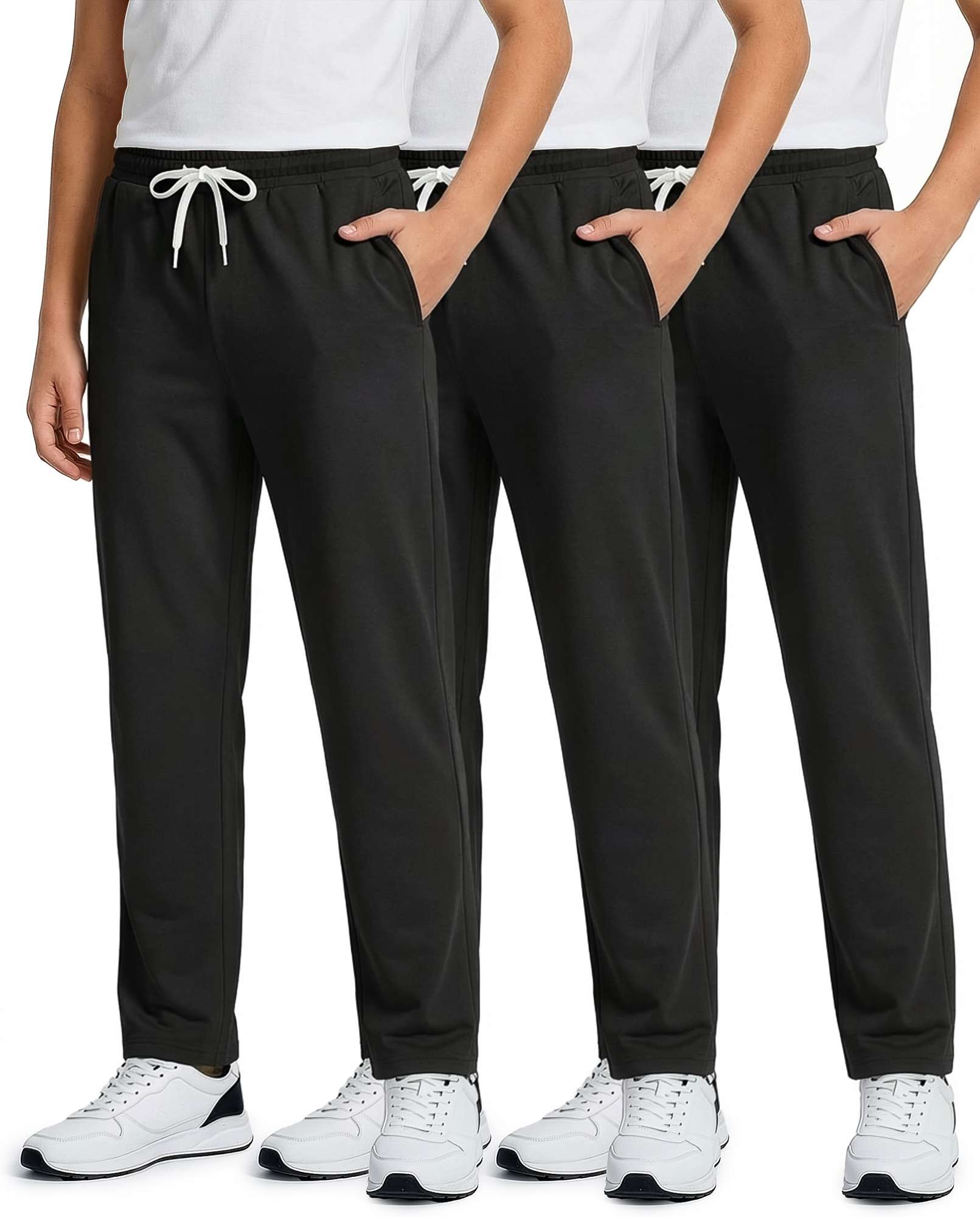 Real Essentials 3 Pack: Boys' French Terry Open Bottom Sweatpants Sweats for School Kids Teens with Pockets (Size 4-18)