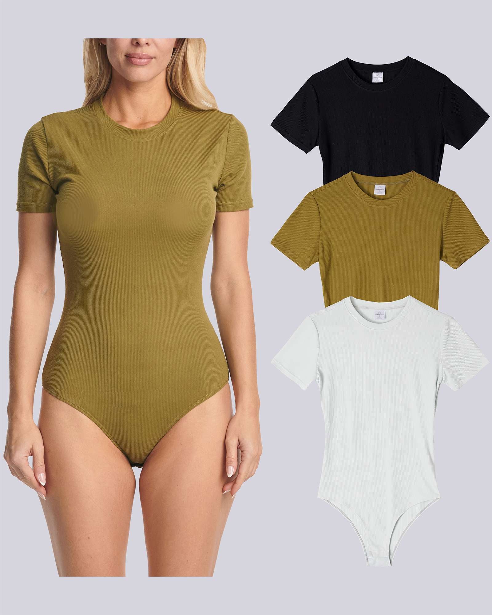 3 Pack: Women's Round Neck Short Sleeve Ribbed Shapewear Bodysuit Shirt Tops (Available in Plus Size)