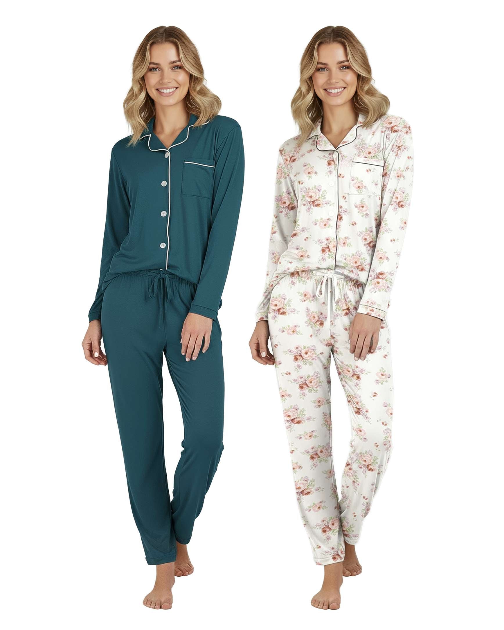 4 Piece: Women’s Long Sleeve Button Down Pajama Set