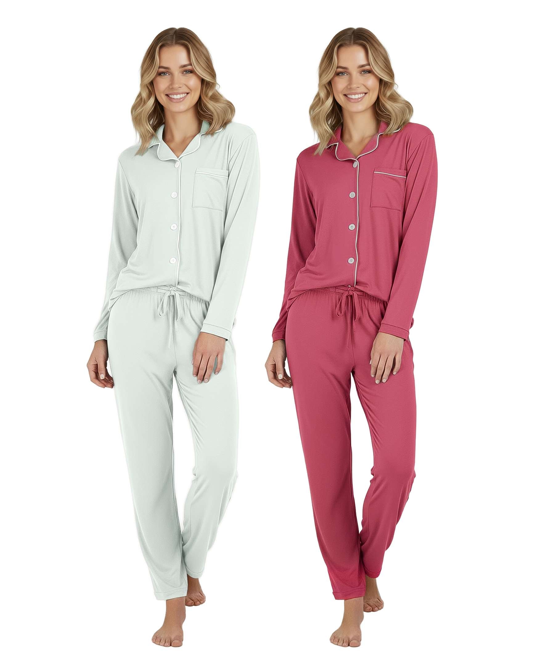 4 Piece: Women’s Long Sleeve Button Down Pajama Set