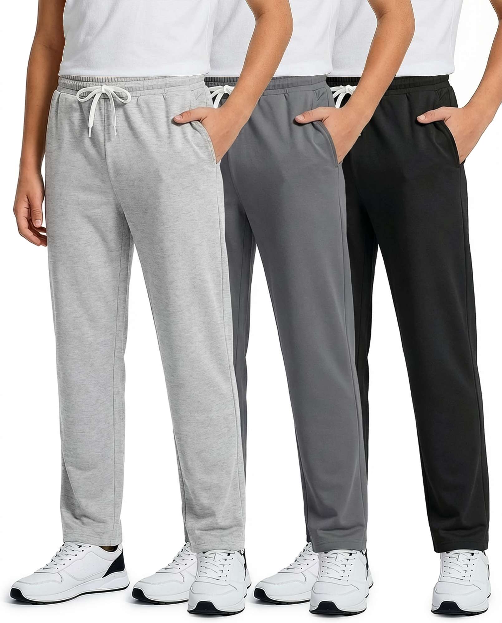 Real Essentials 3 Pack: Boys' French Terry Open Bottom Sweatpants Sweats for School Kids Teens with Pockets (Size 4-18)