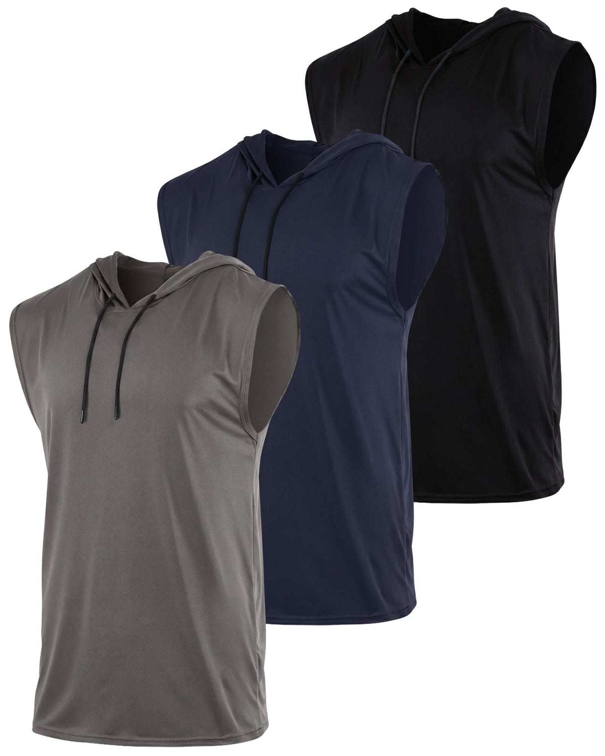 Real Essentials 3 Pack Men's Dry Fit Tank Top Hoodie Sleeveless Workout Gym Muscle Shirts - Set 11