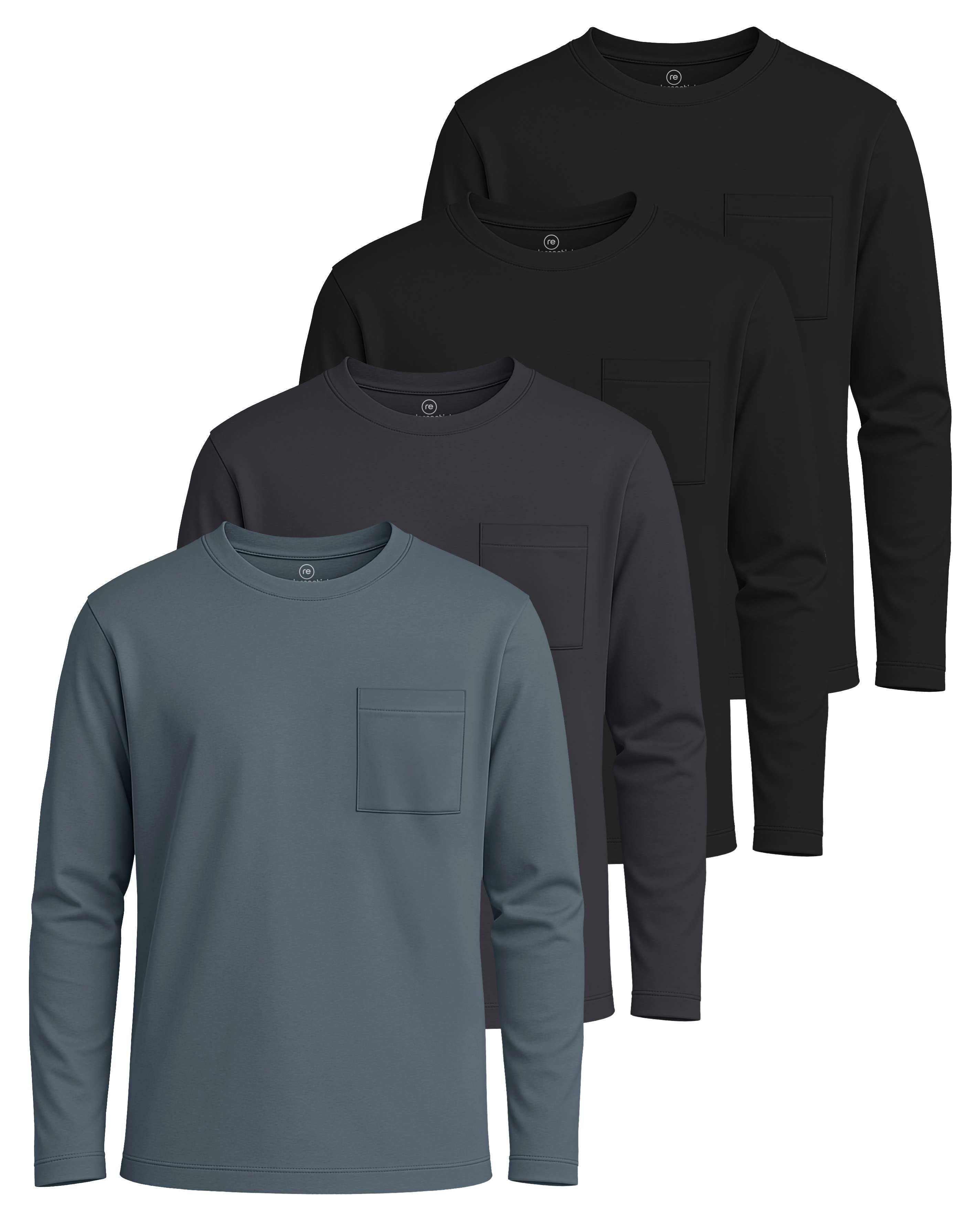 Real Essentials 4 Pack: Boys' Cotton Jersey Long Sleeve T-Shirt with Pocket - Kids Teens Youth Crew Neck Tee Top (Ages 4-16)