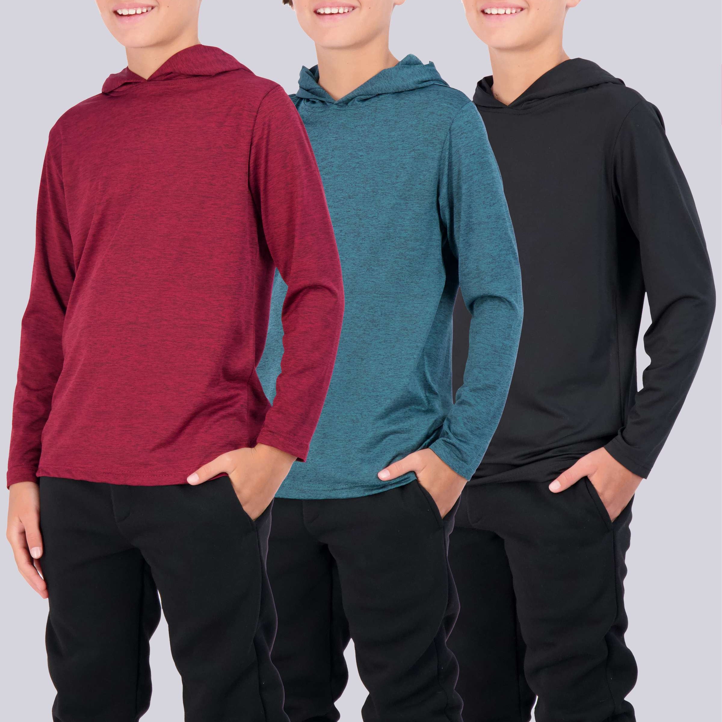 3 Pack: Boys Dry Fit Long Sleeve Active Pullover Hoodie Sweatshirt