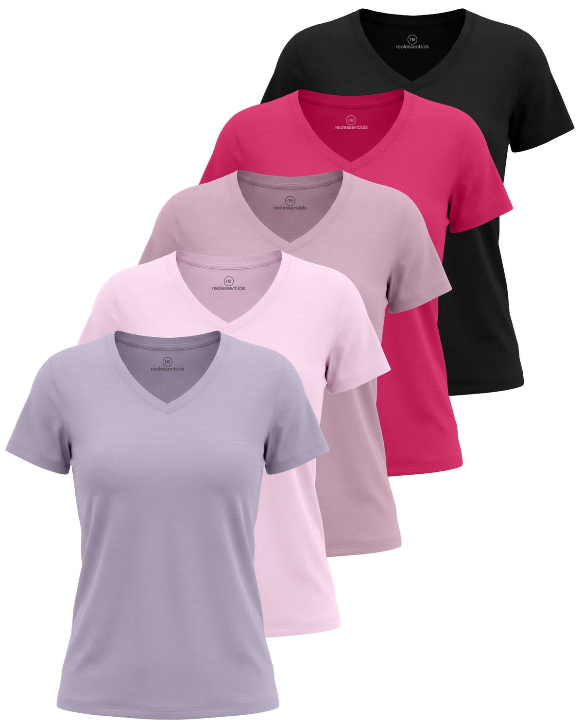 Real Essentials 5 Pack Women's V Neck Tshirts Short Sleeve Dry Fit Workout Tops Tees Shirts - Solid Black, Solid Raspberry Sorbet, Solid Fragrant Lilac, Solid Festival Bloom, Solid Orchid Petal