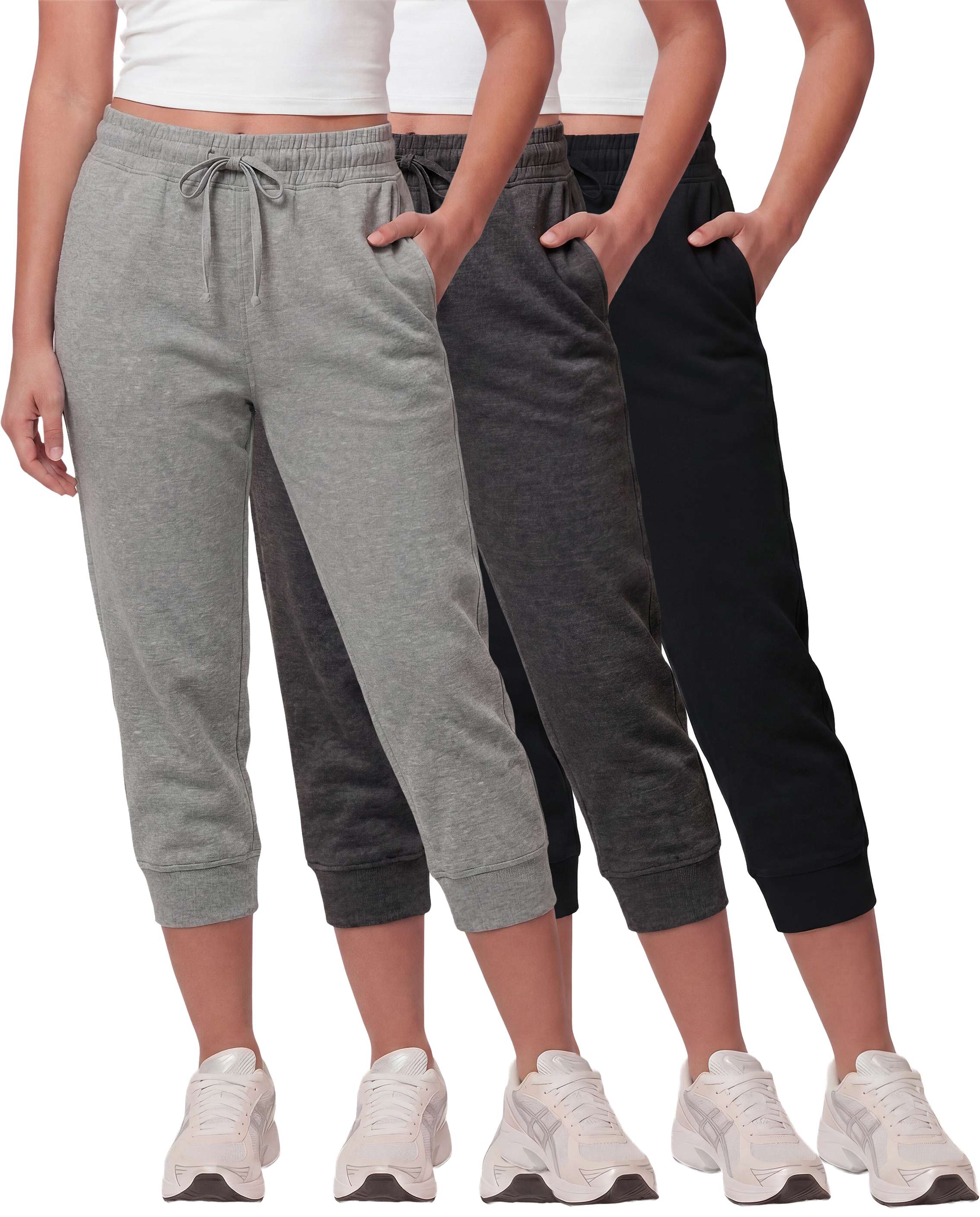 Real Essentials 3 Pack: Women’s Fleece Capri Joggers Athletic Lounge Gym Running Sweatpants with Pockets