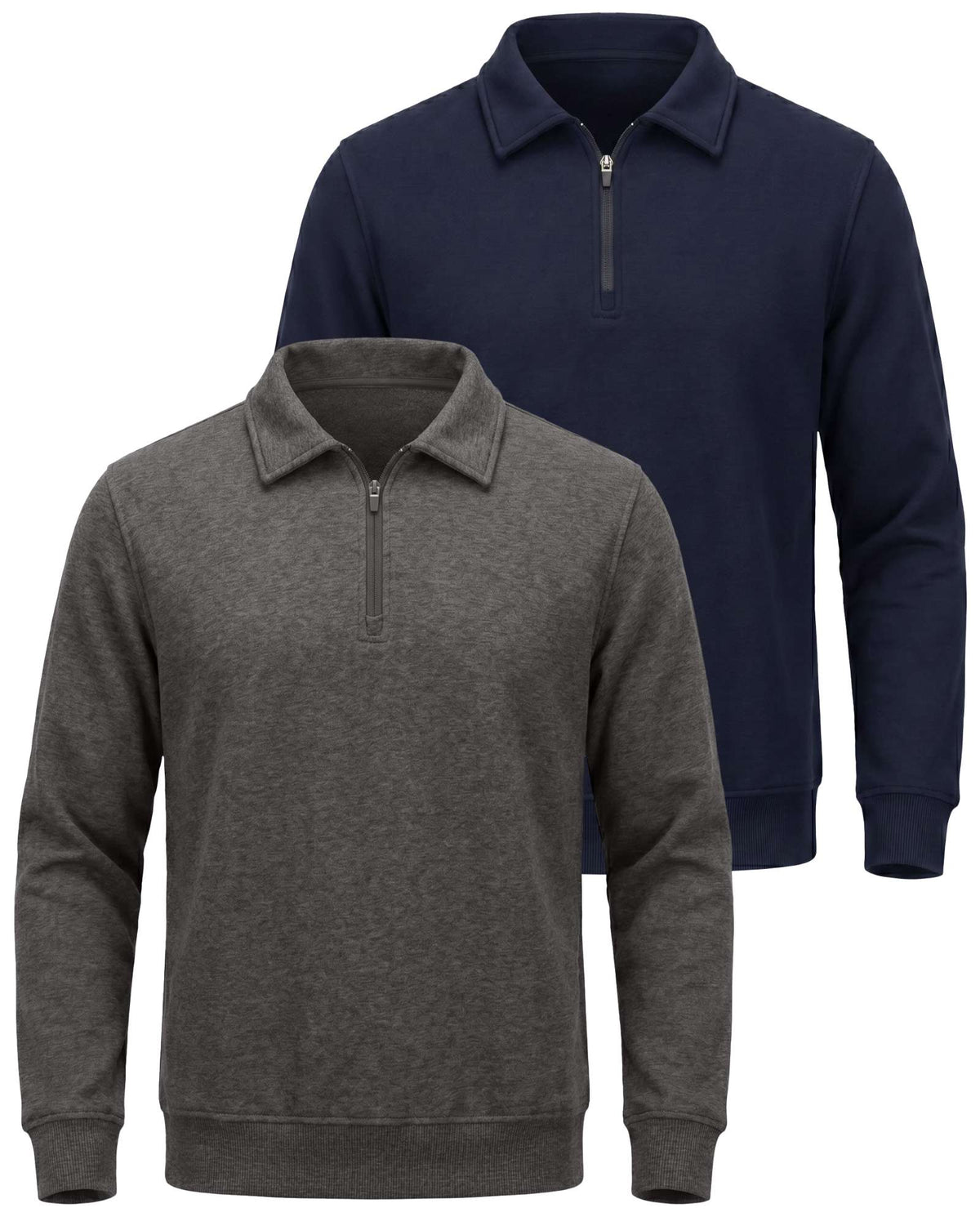 Real Essentials 2 Pack Mens Fleece Quarter Zip Sweatshirt Sweater Collared Long Sleeve Top - Solid Navy Blazer, Charcoal Heather