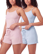 Real Essentials 2 Pack Women's Pajama Sets 2 Piece Ribbed Cropped Cami Shorts Sleepwear PJs - Solid Ballad Blue, Solid Pale Lilac