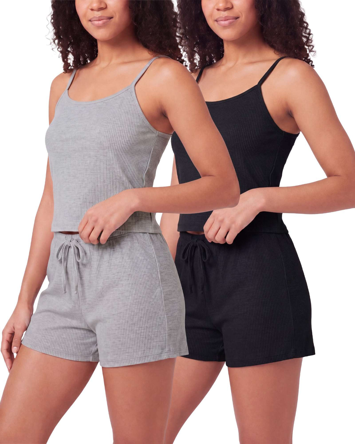 Real Essentials 2 Pack Women's Pajama Sets 2 Piece Ribbed Cropped Cami Shorts Sleepwear PJs - Solid Black, Grey Heather