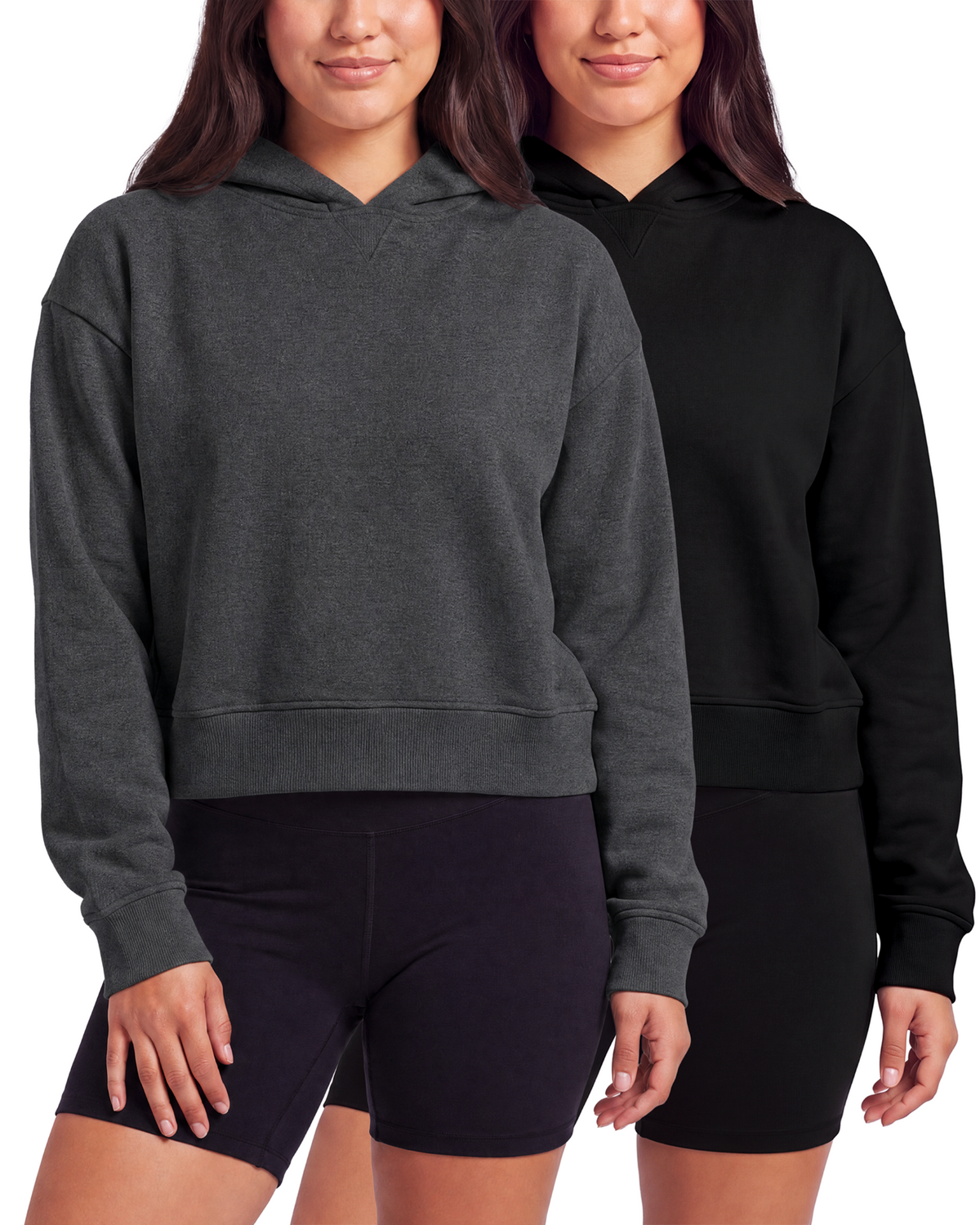 Real Essentials 2 Pack Women's Cropped Hoodies Crop Sweatshirt Ladies Fleece Pullover Top - Solid Black, Charcoal Heather