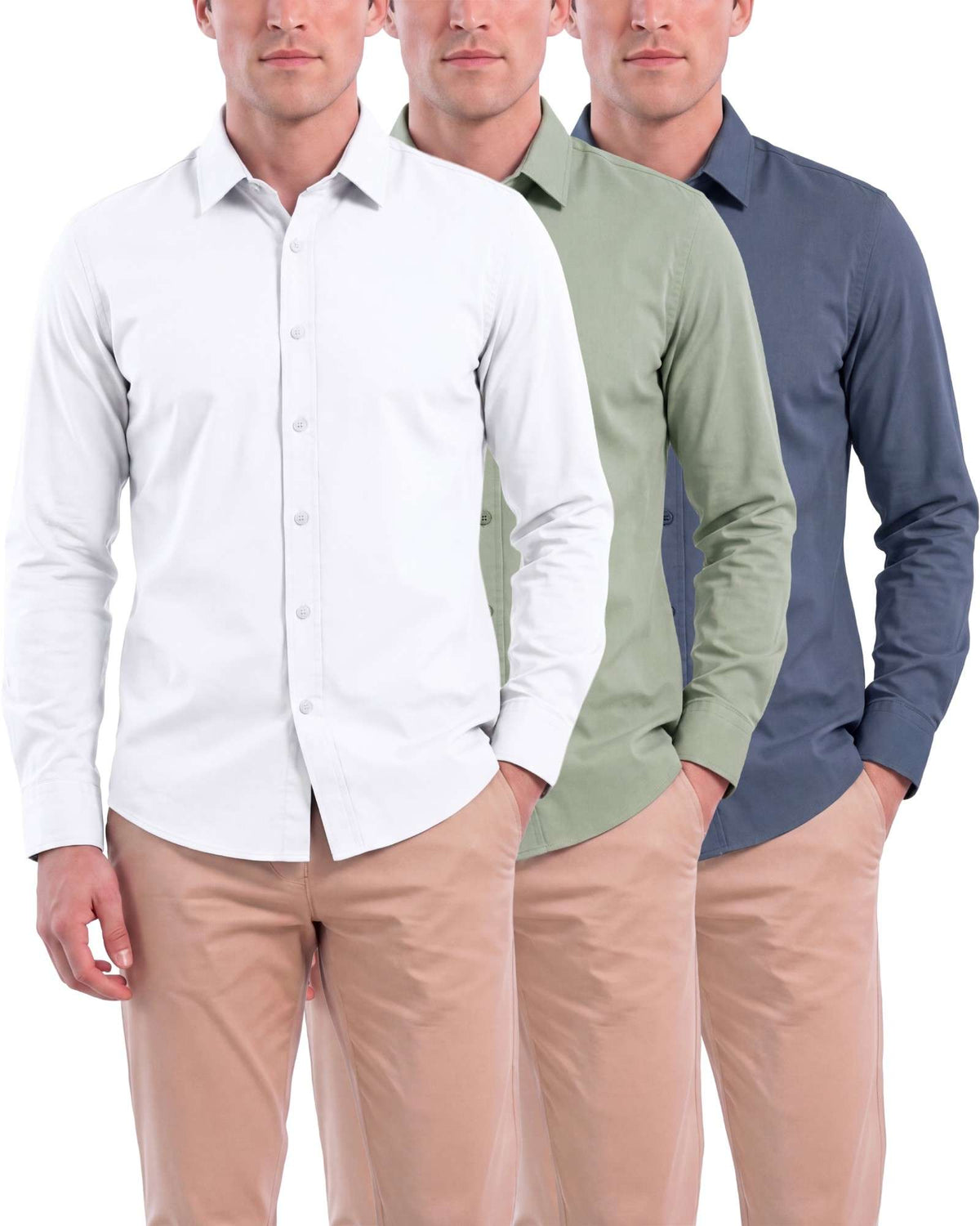 Real Essentials Men's Long Sleeve Cotton Button Down Shirts Casual Work Business Tops - Solid Vintage Indigo, Solid Desert Sage, Solid Bright White