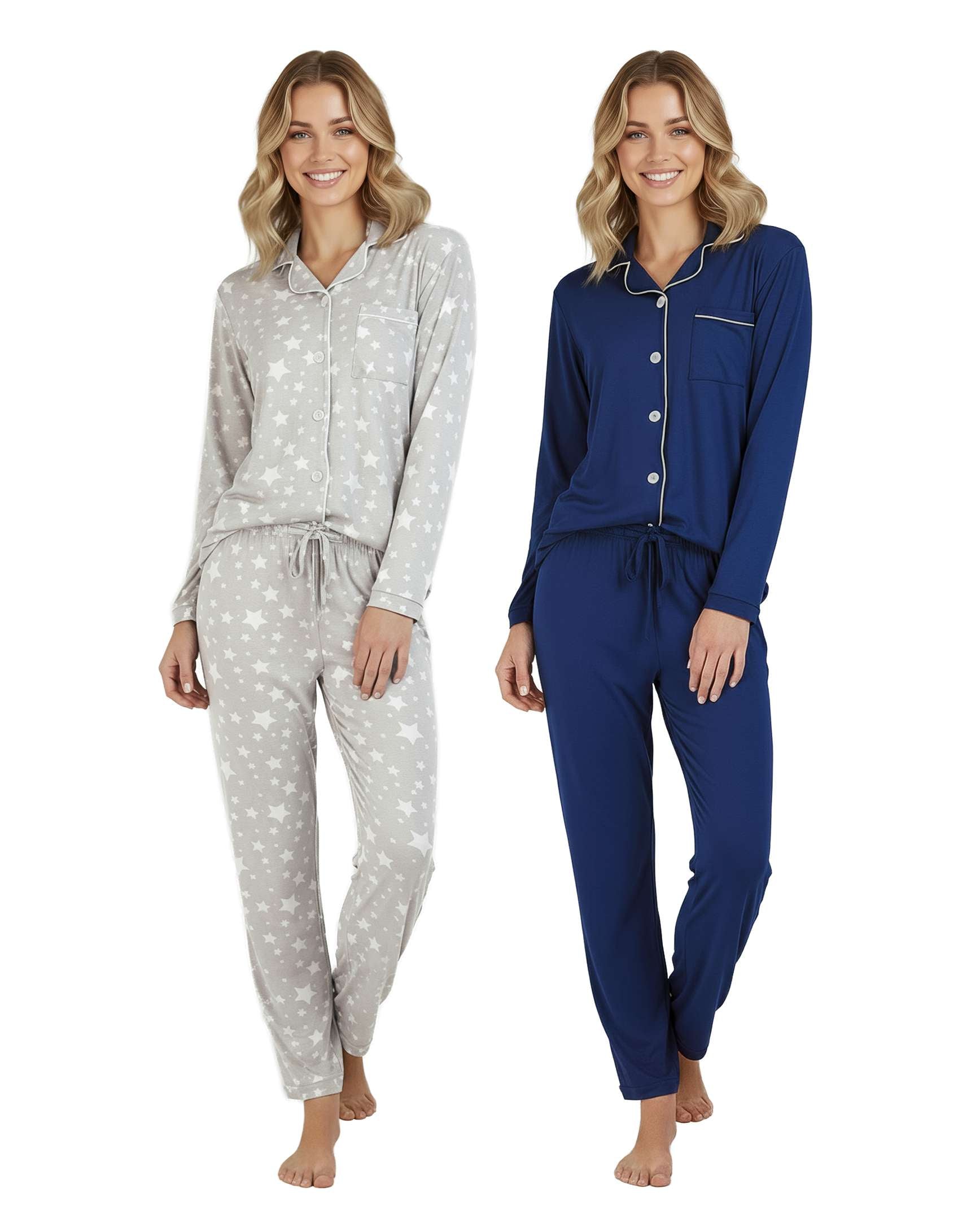 4 Piece: Women’s Long Sleeve Button Down Pajama Set