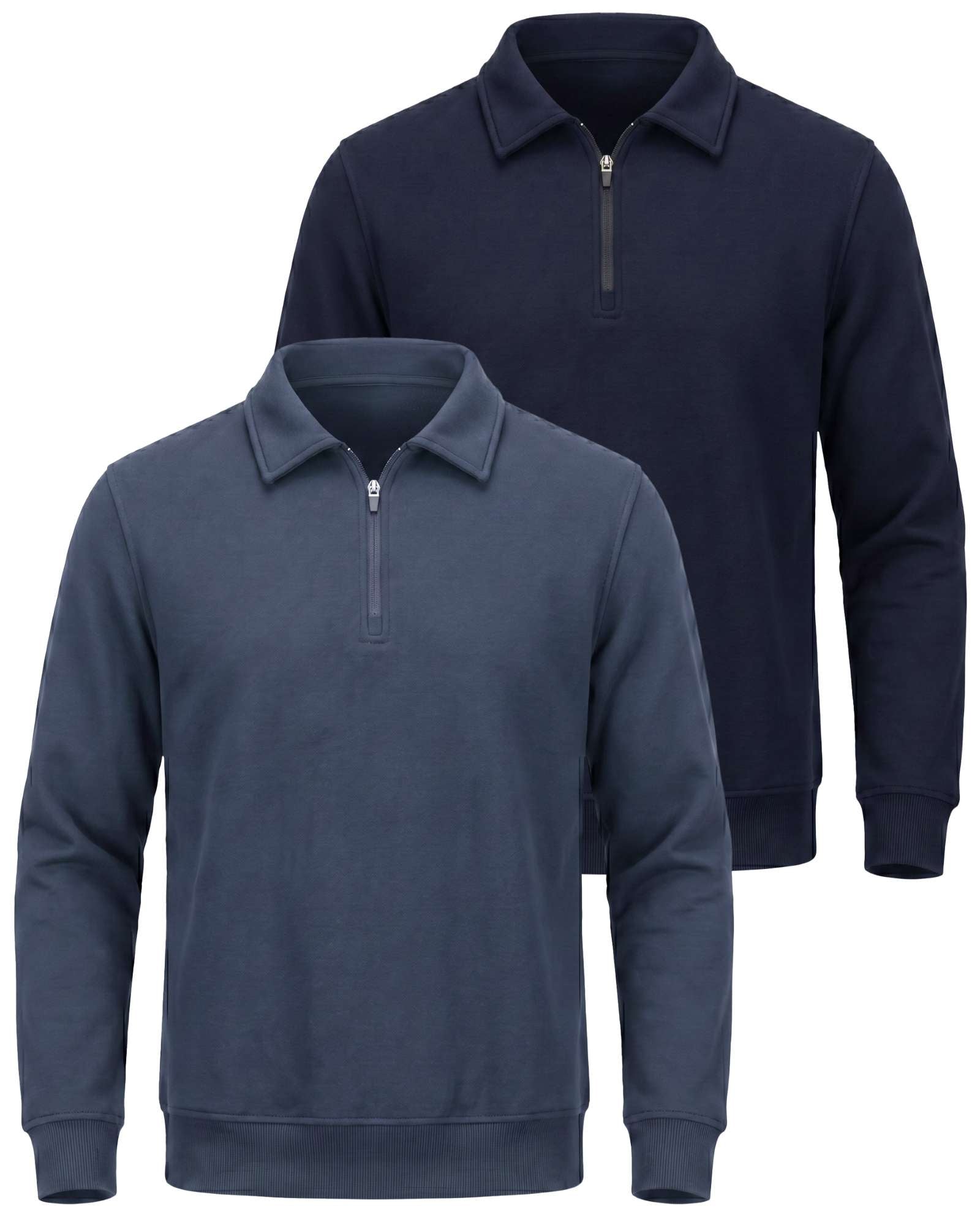 Real Essentials 2 Pack Mens Fleece Quarter Zip Sweatshirt Sweater Collared Long Sleeve Top - Solid Navy Blazer, Solid Vintage Indigo