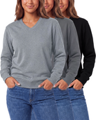 Real Essentials 3 Pack Womens Fleece V Neck Sweatshirt Pullover Sweaters Long Sleeve Top - Solid Black, Solid Quiet Shade, Grey Heather
