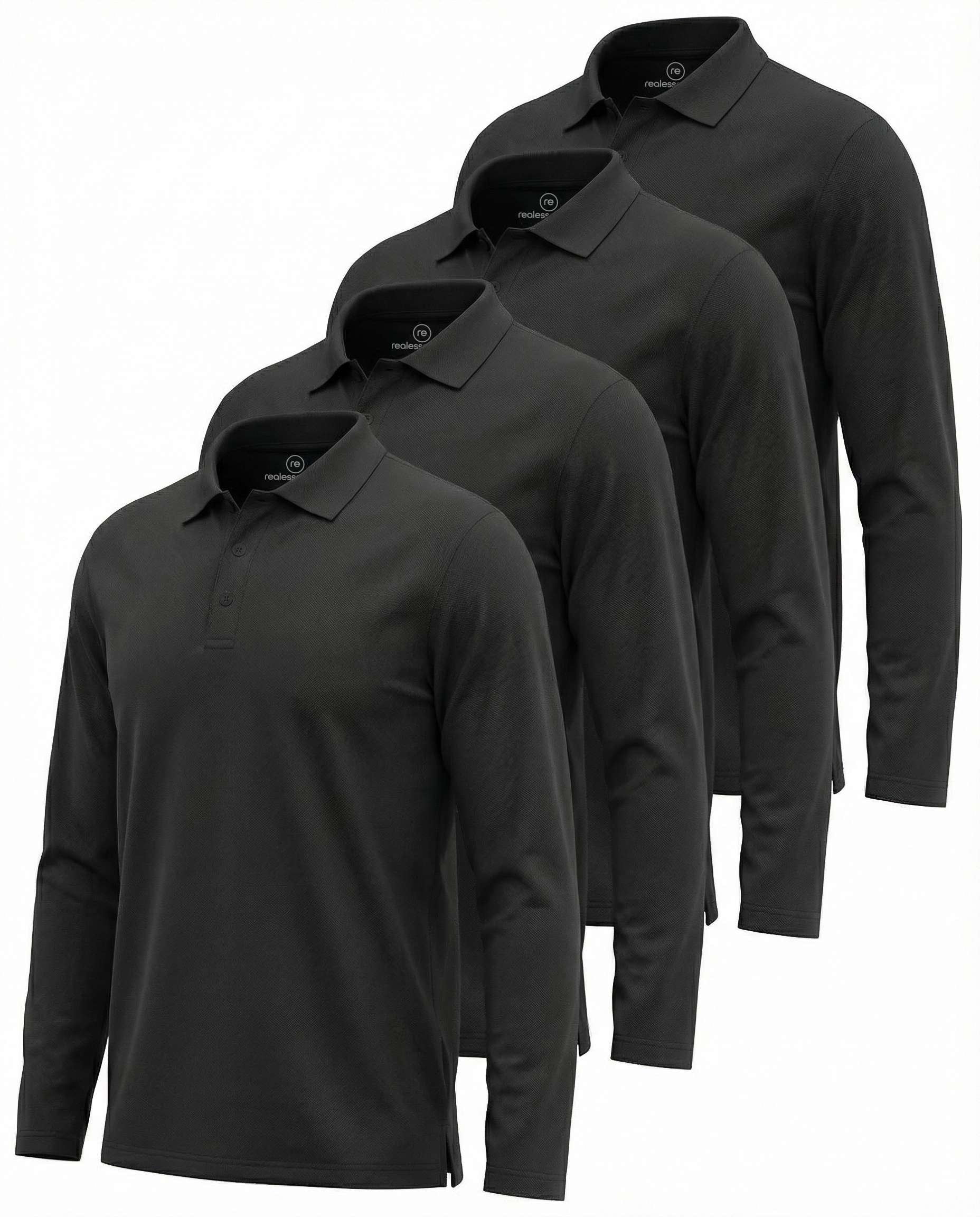Real Essentials 4 Pack: Men's Long Sleeve Polo Shirts for Men - Cotton Pique Collared Athletic Golf Shirt Work & Casual