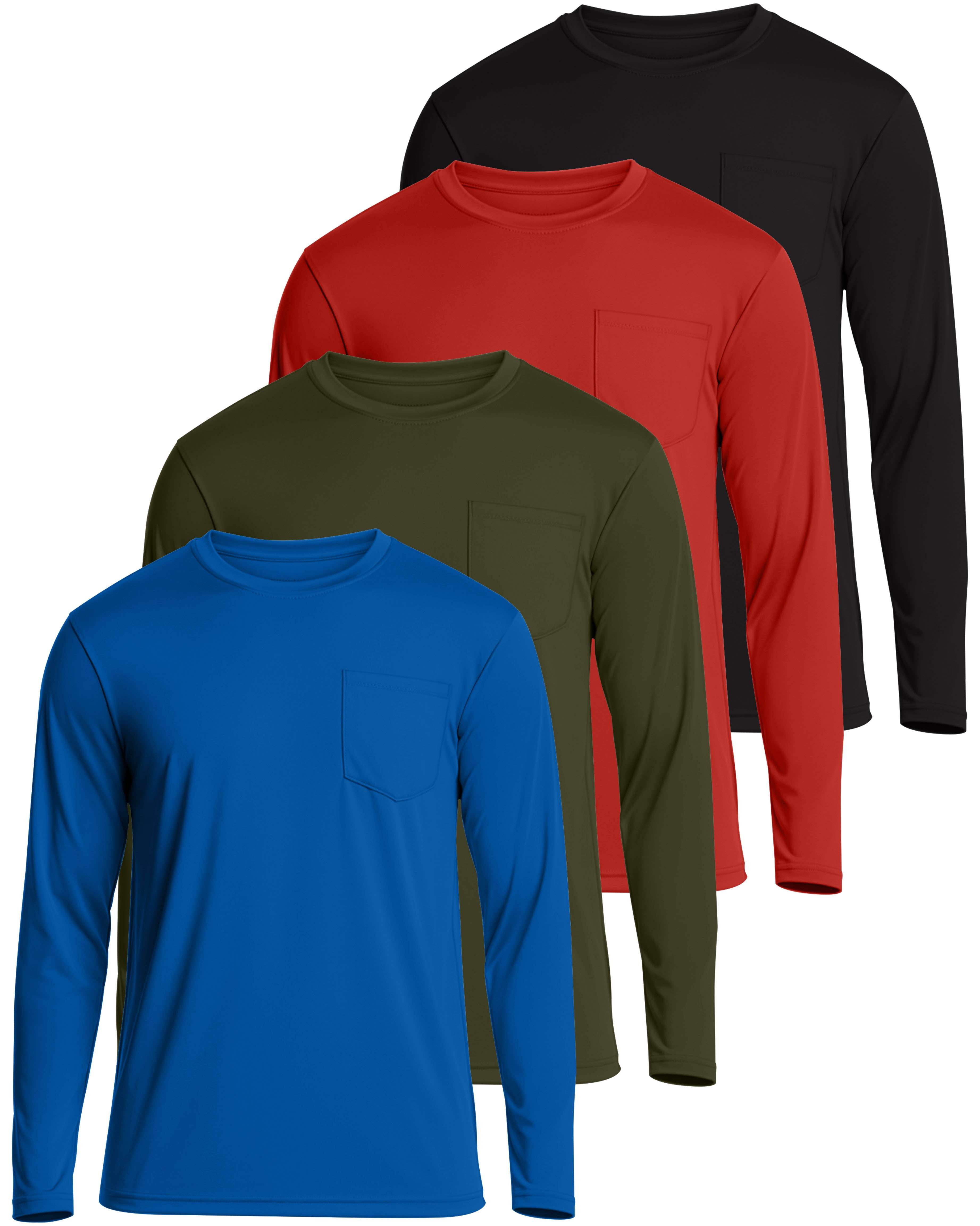 4 Pack: Mens Dry-Fit Long Sleeve Pocket Crew T-Shirt