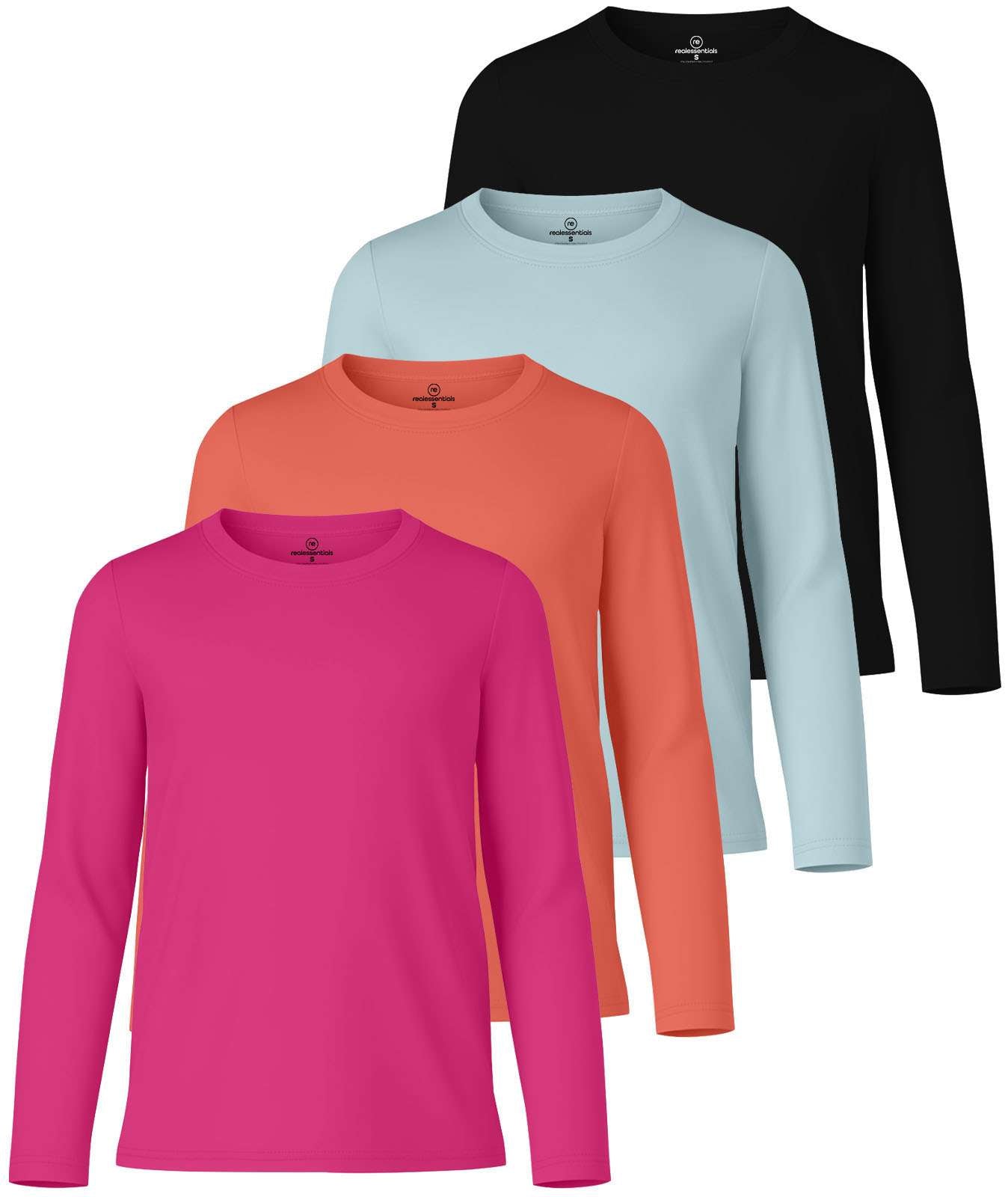 4 Pack: Girls Dry-Fit Long Sleeve Active Crew Neck T-Shirt