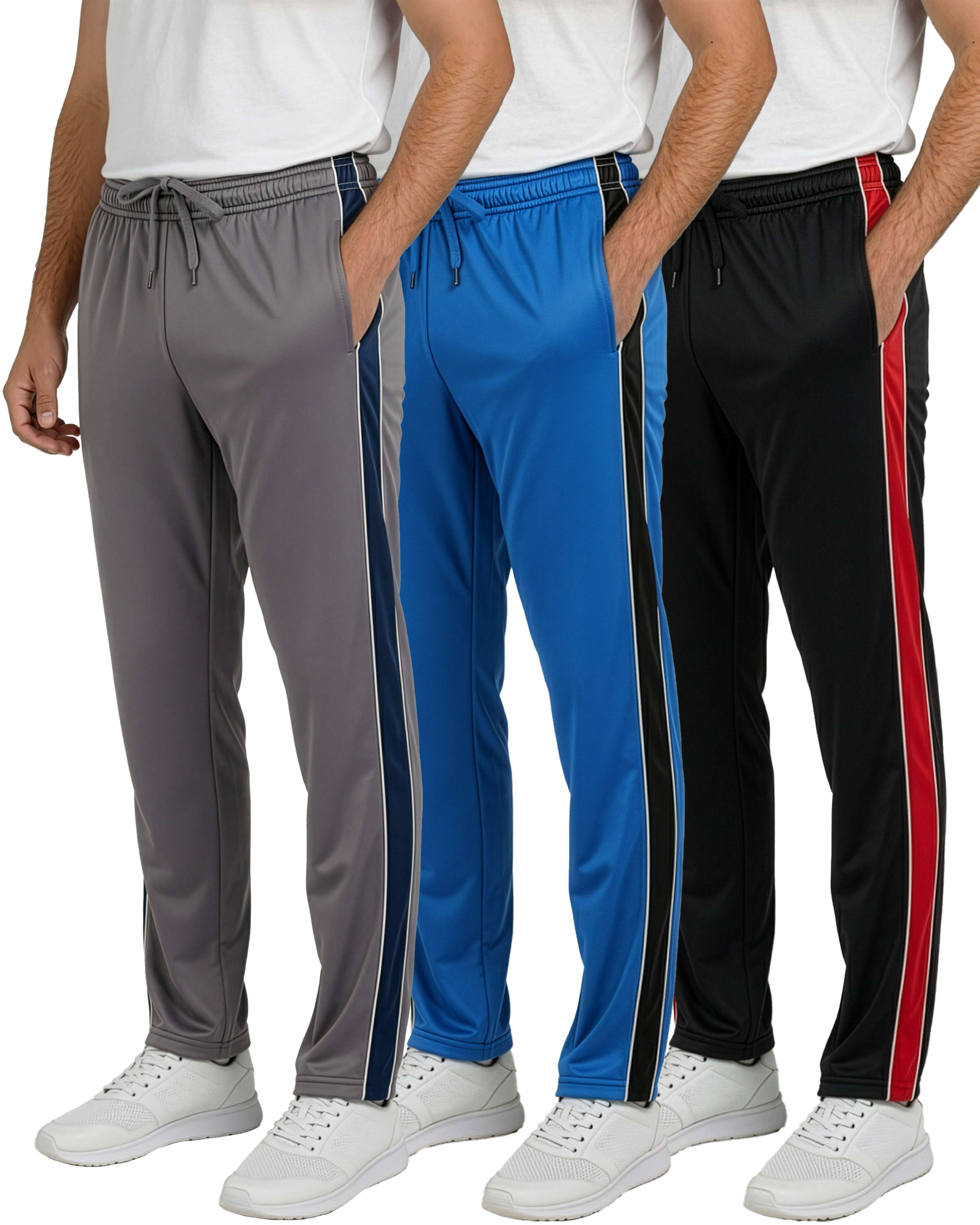 3 Pack: Mens Active Athletic Casual Tricot Open Bottom Sweatpants with Pockets (Available in Big & Tall)