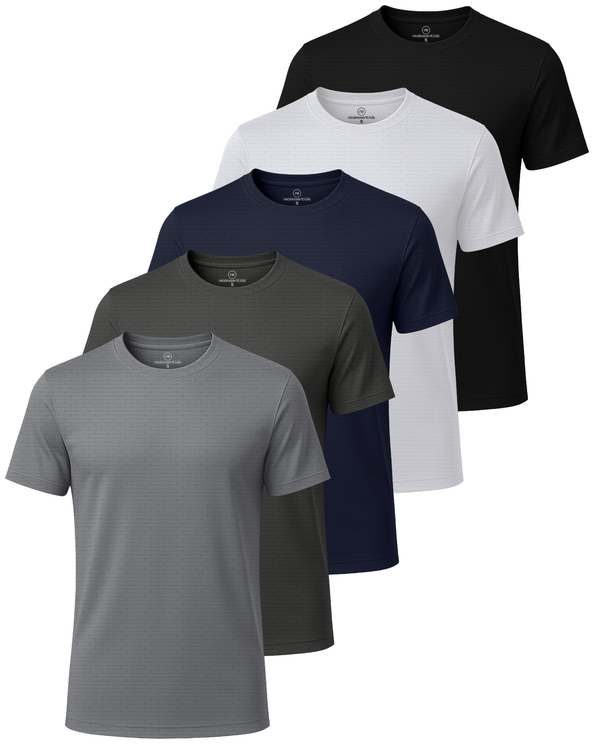 Real Essentials 5 Pack Men's Dry Fit Short Sleeve Crew T Shirts Gym Tees Athletic Workout - Solid Black, Solid Bright White, Navy Blazer, Charcoal, Solid Ultimate Grey
