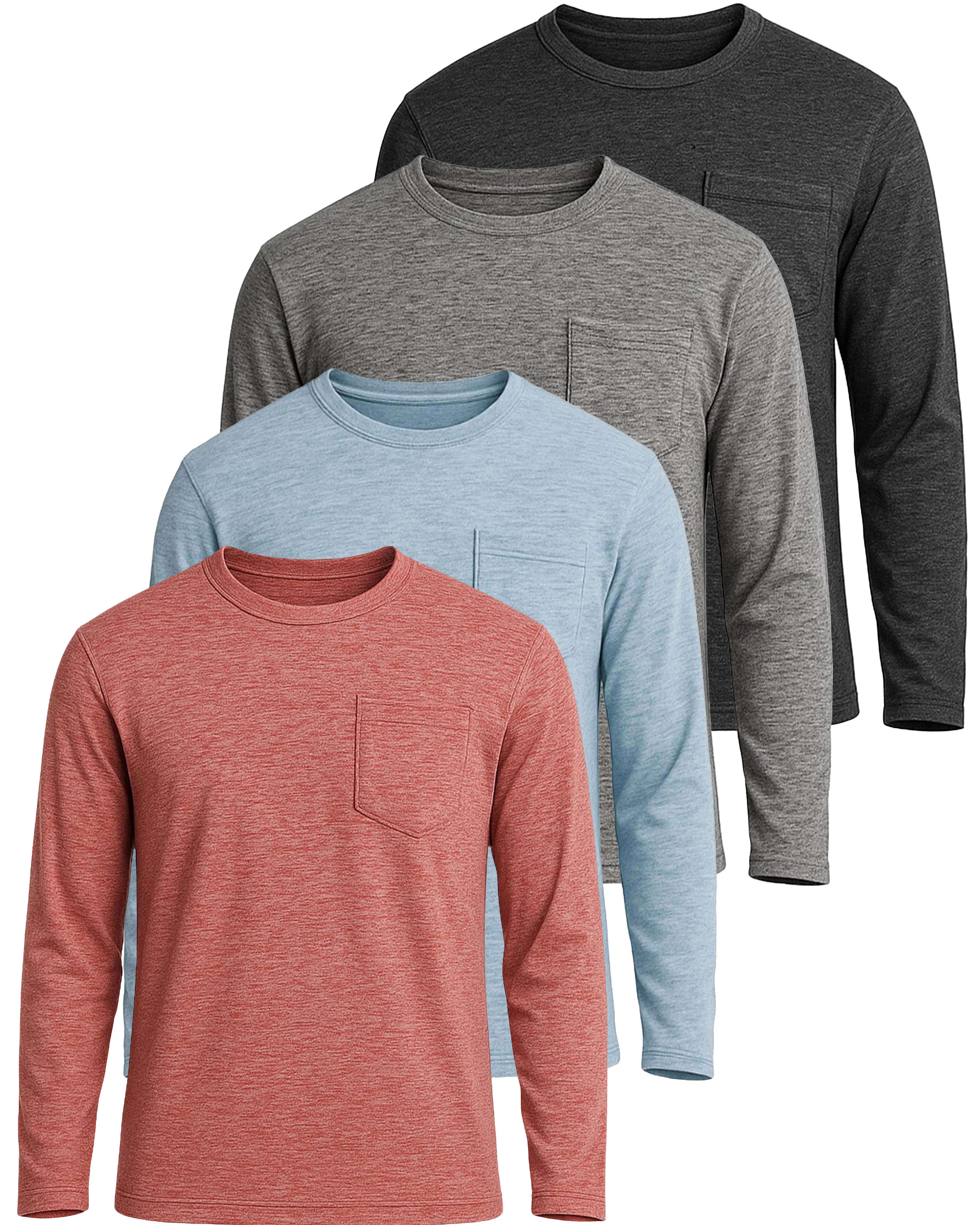 4 Pack: Mens Dry-Fit Long Sleeve Pocket Crew T-Shirt