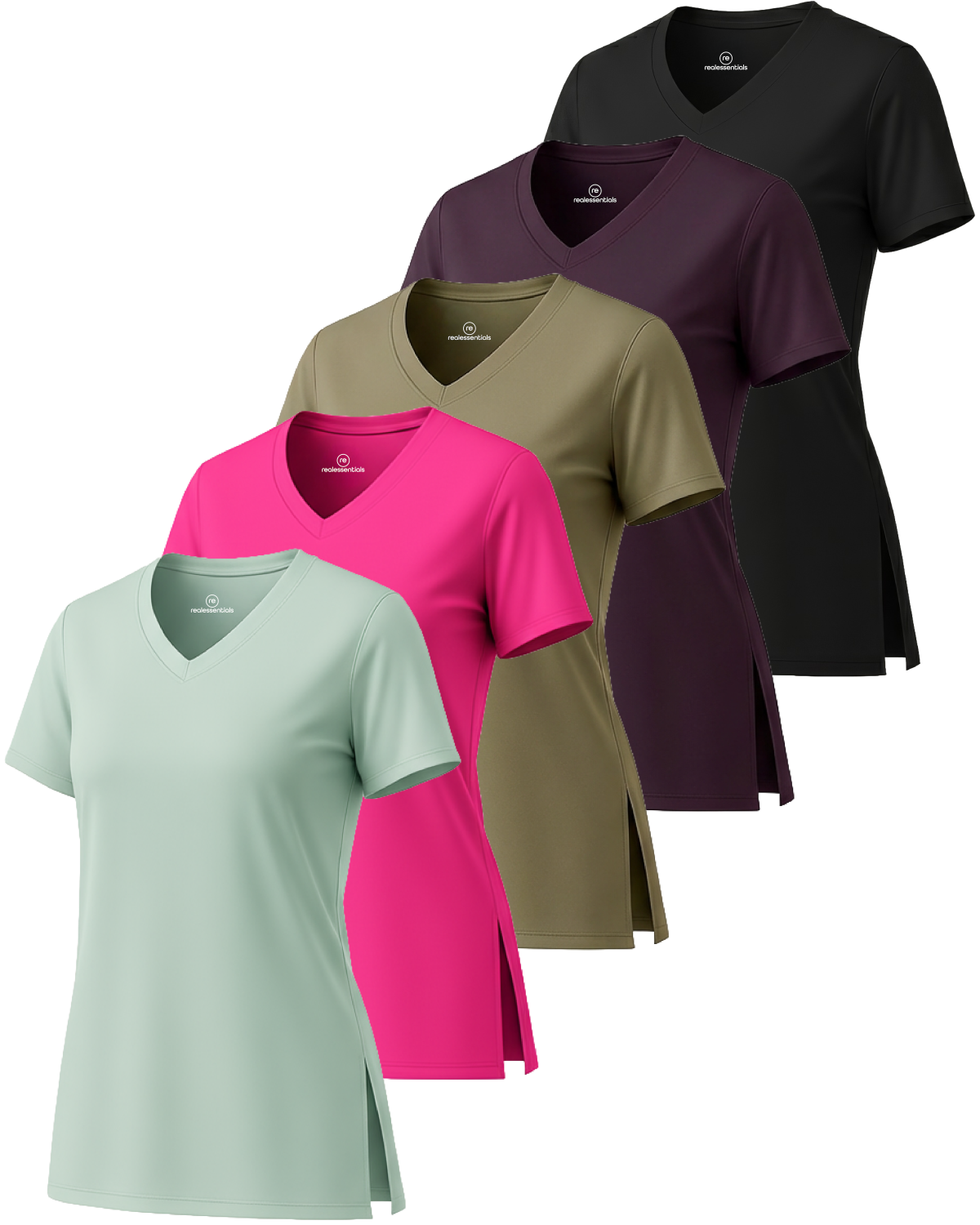 Real Essentials 5 Pack: Women's Short Sleeve Split Hem V-Neck T-Shirts, Athletic Tops, Gym, Workout, Yoga, Activewear (Plus)
