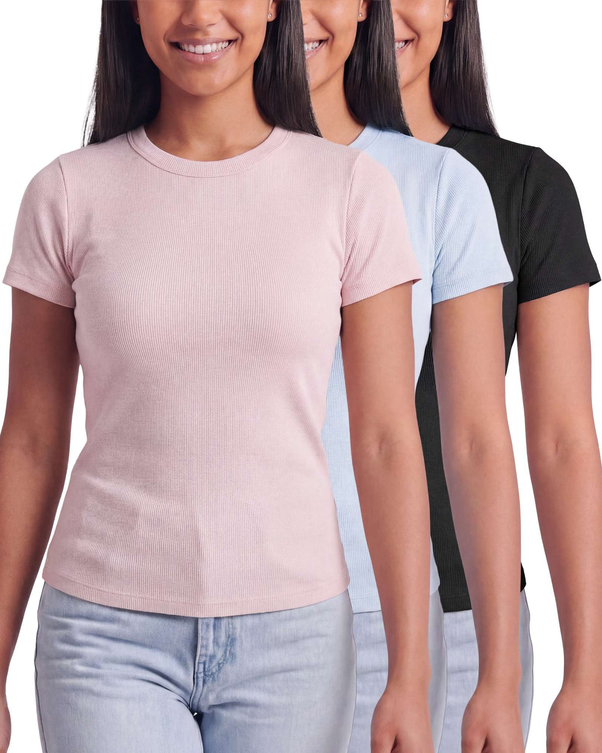Real Essentials 3 Pack Women's Cotton Ribbed Tshirts Short Sleeve Crew Neck Tees Basic Tops - Solid Black, Solid Ballad Blue, Solid Pale Lilac