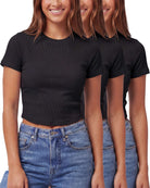 Real Essentials 3 Pack Women's Cropped Cotton Tshirts Ribbed Cap Sleeve Tees Going Out Tops - Solid Black, Solid Black, Solid Black