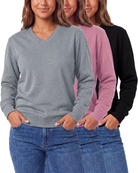 Real Essentials 3 Pack Womens Fleece V Neck Sweatshirt Pullover Sweaters Long Sleeve Top - Solid Black, Solid Cashmere Rose, Grey Heather