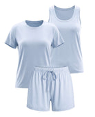 Real Essentials 3 Pack Women's Pajama Sets 3 Piece Crew Tee Tank Top Sleep Shorts Sleepwear - Solid Ballad Blue