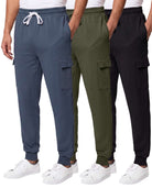 Real Essentials 3 Pack Mens Fleece Cargo Joggers Sweatpants Cuffed Athletic Gym Pockets - Solid Black, Solid Olive Night, Solid Vintage Indigo