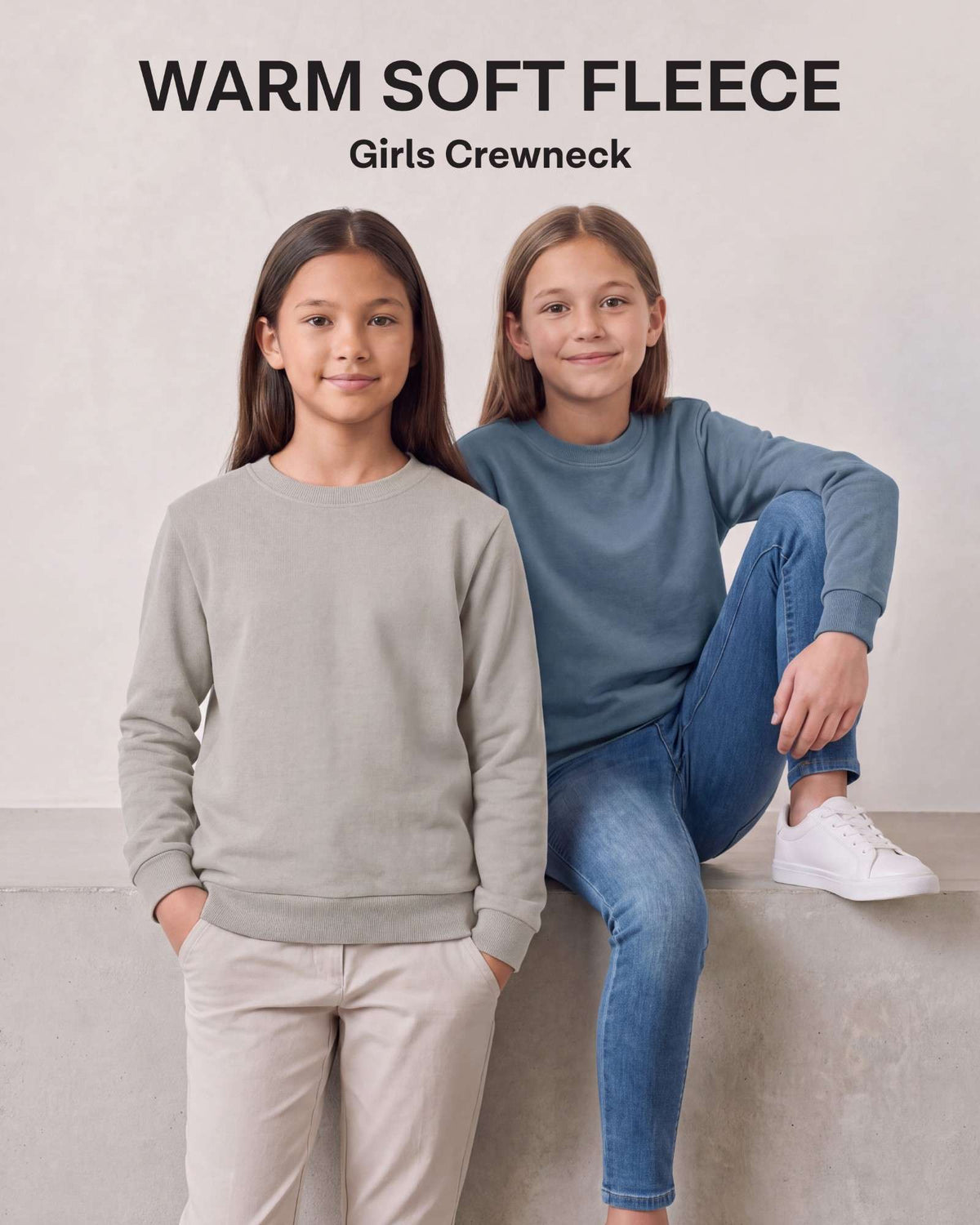 Real Essential 3 Pack Girls' Fleece Crewneck Sweatshirts Sweaters Kids Teens Pullover Tops - Solid Black, Solid Dove, Solid Copen Blue