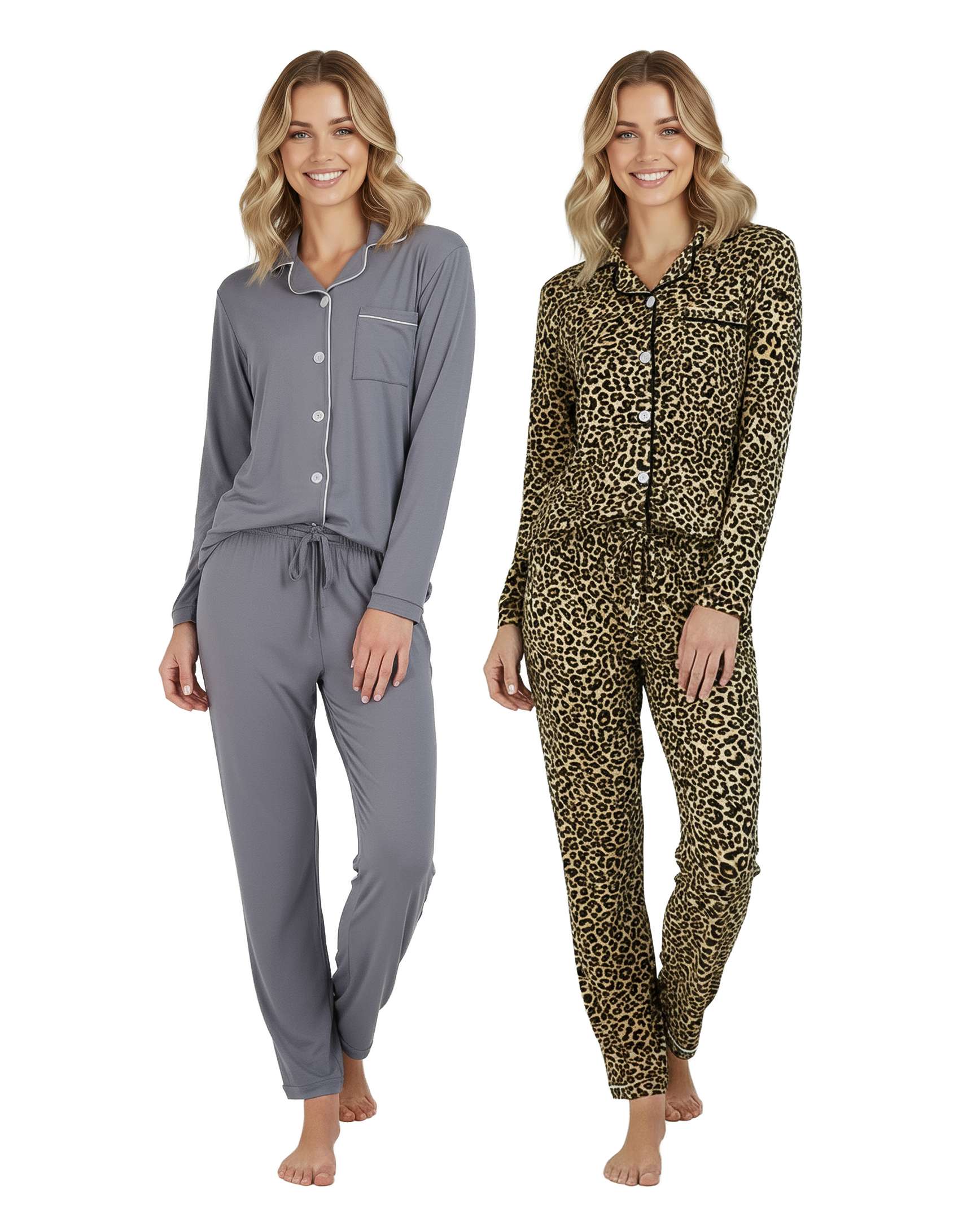 4 Piece: Women’s Long Sleeve Button Down Pajama Set