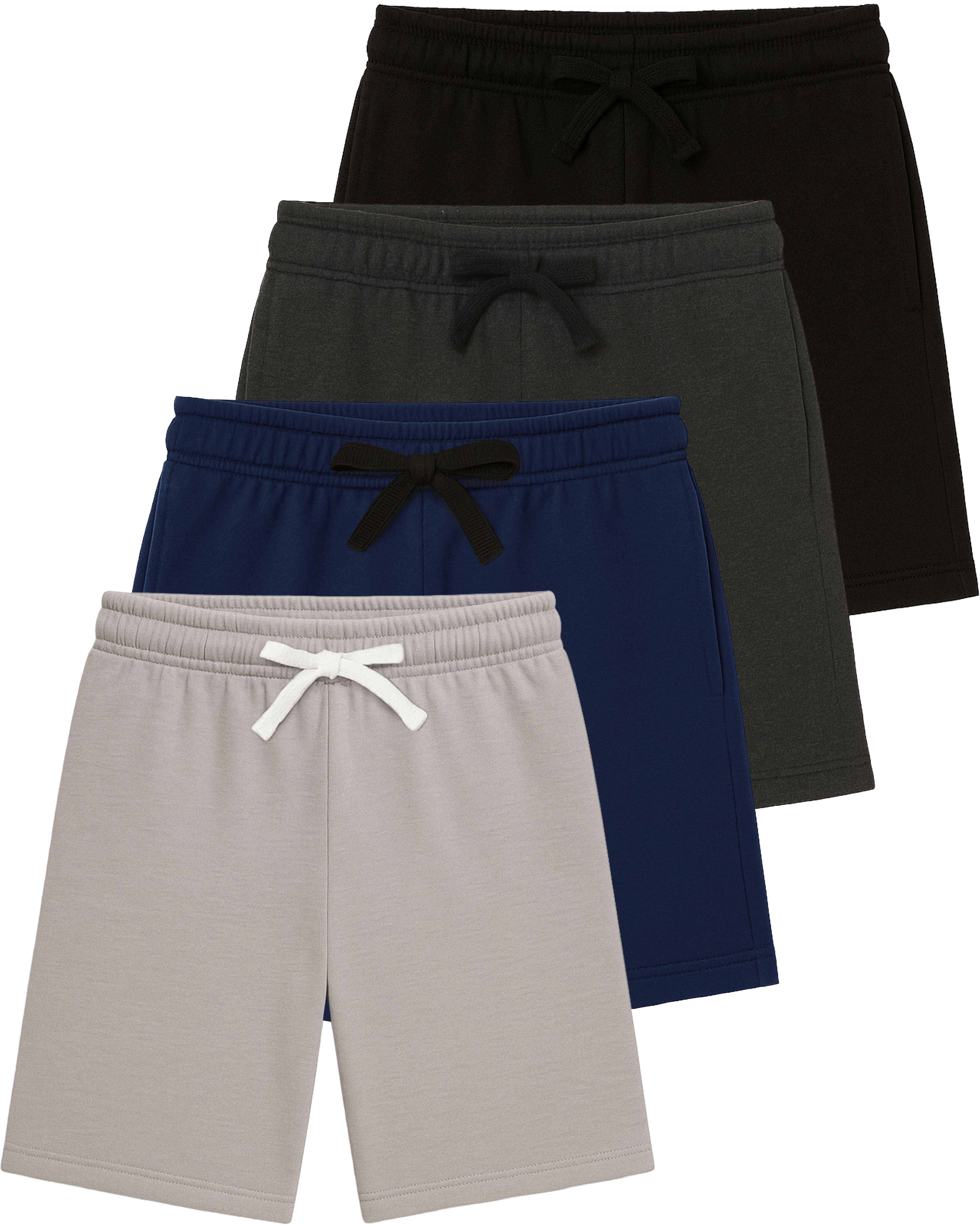 Real Essentials  4 Pack: Boys Fleece Lounge Shorts – Soft Pull-On Gym, School, Sleep & Active Sports Shorts for Kids