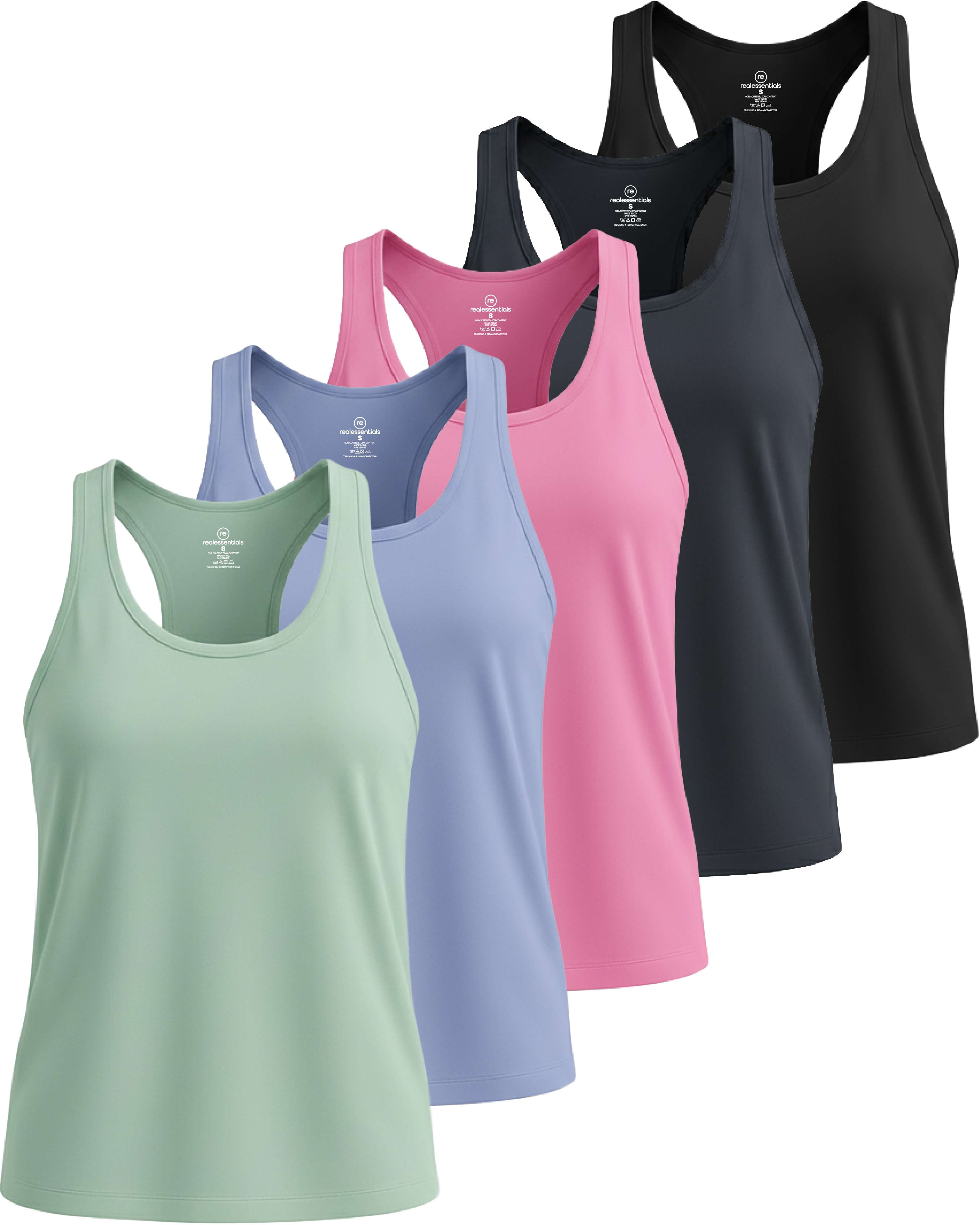 Real Essentials 5 Pack: Women's Dry Fit Tank Top - Racerback Sleeveless Workout Athletic Gym Shirt (Available in Plus)