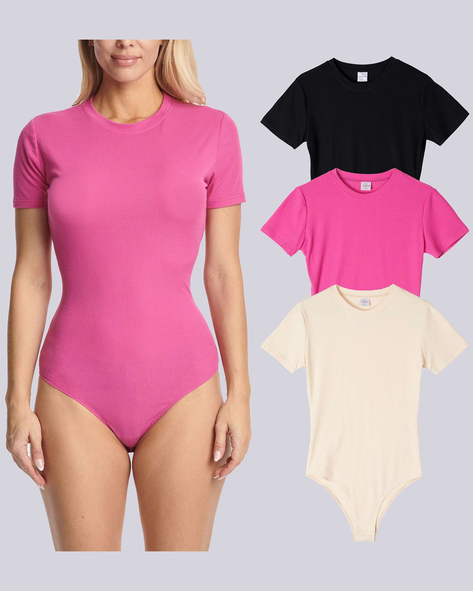 3 Pack: Women's Round Neck Short Sleeve Ribbed Shapewear Bodysuit Shirt Tops (Available in Plus Size)