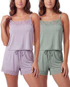 Real Essentials 2 Pack Women's Pajama Sets 2 Piece Lace Trim Cami Tank Shorts Sleepwear PJs - Solid Iceberg Green, Solid Orchid Petal