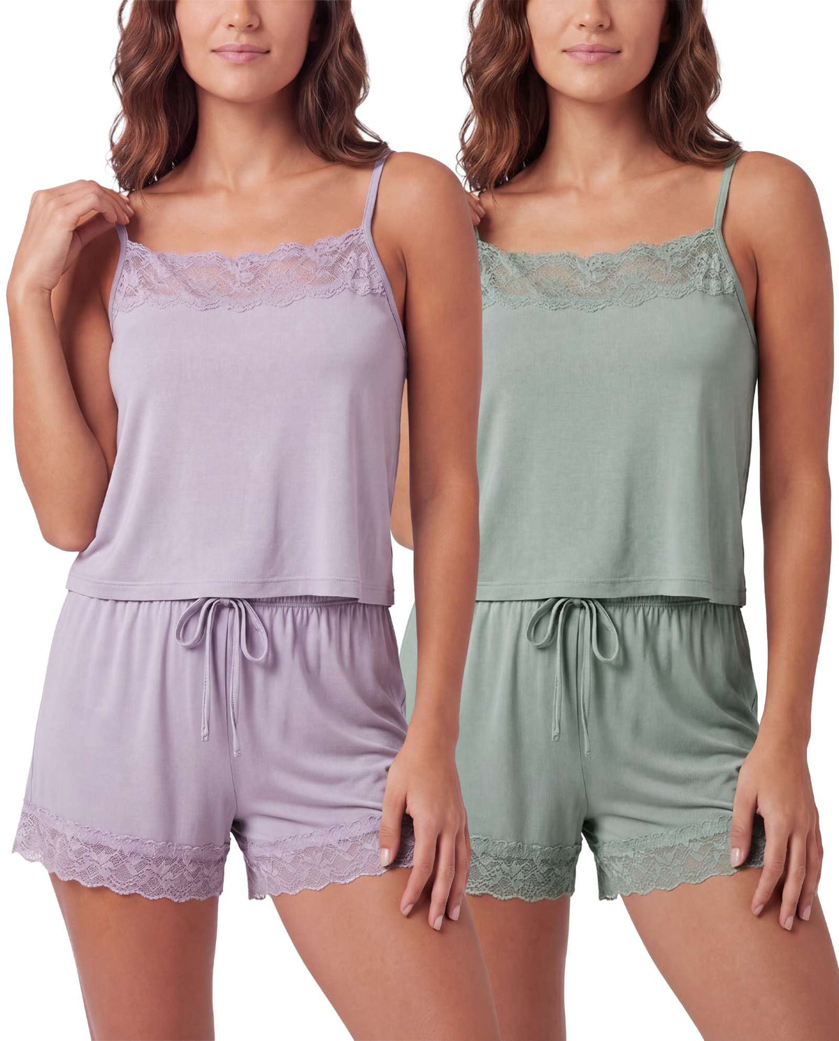 Real Essentials 2 Pack Women's Pajama Sets 2 Piece Lace Trim Cami Tank Shorts Sleepwear PJs - Solid Iceberg Green, Solid Orchid Petal
