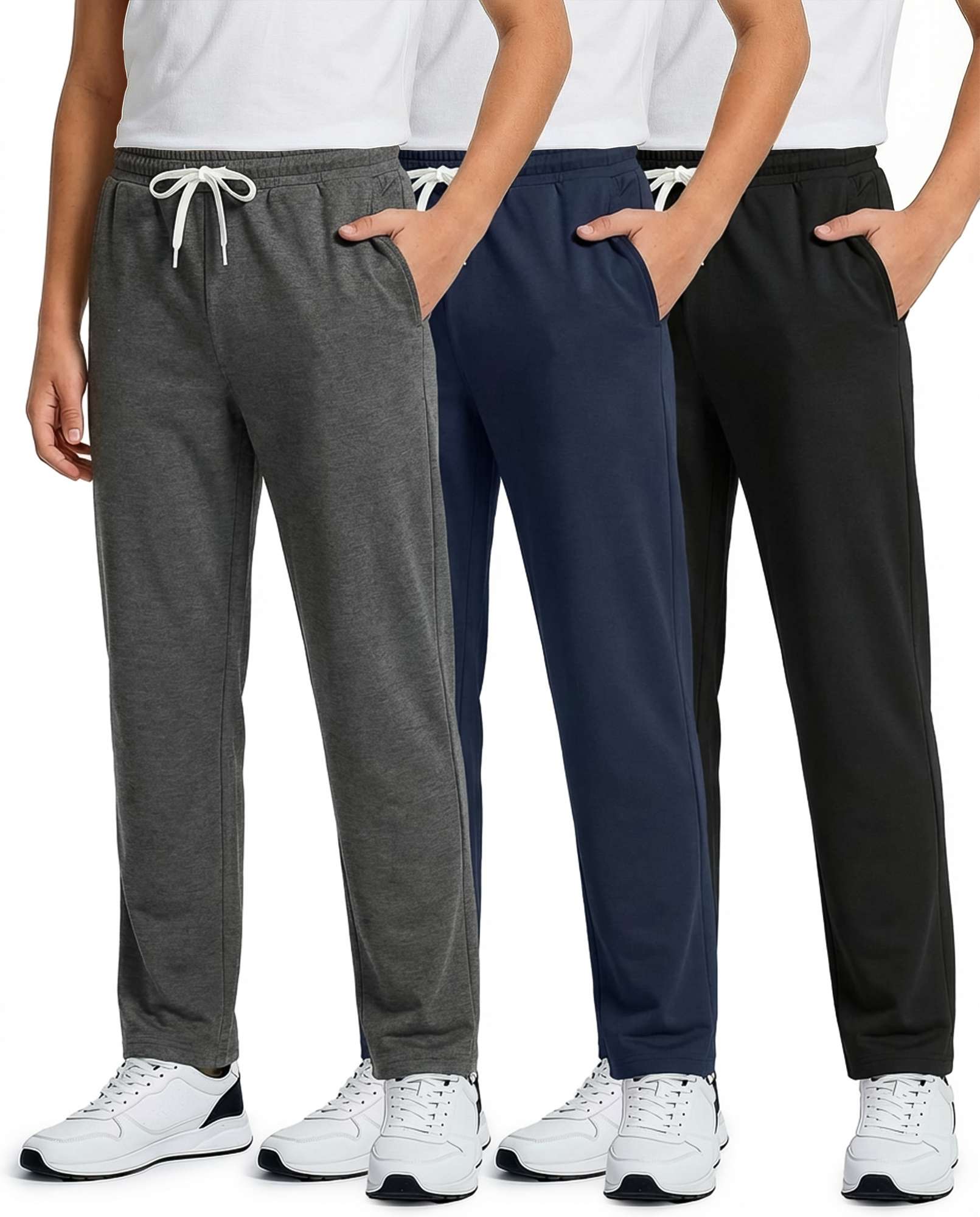 Real Essentials 3 Pack: Boys' French Terry Open Bottom Sweatpants Sweats for School Kids Teens with Pockets (Size 4-18)