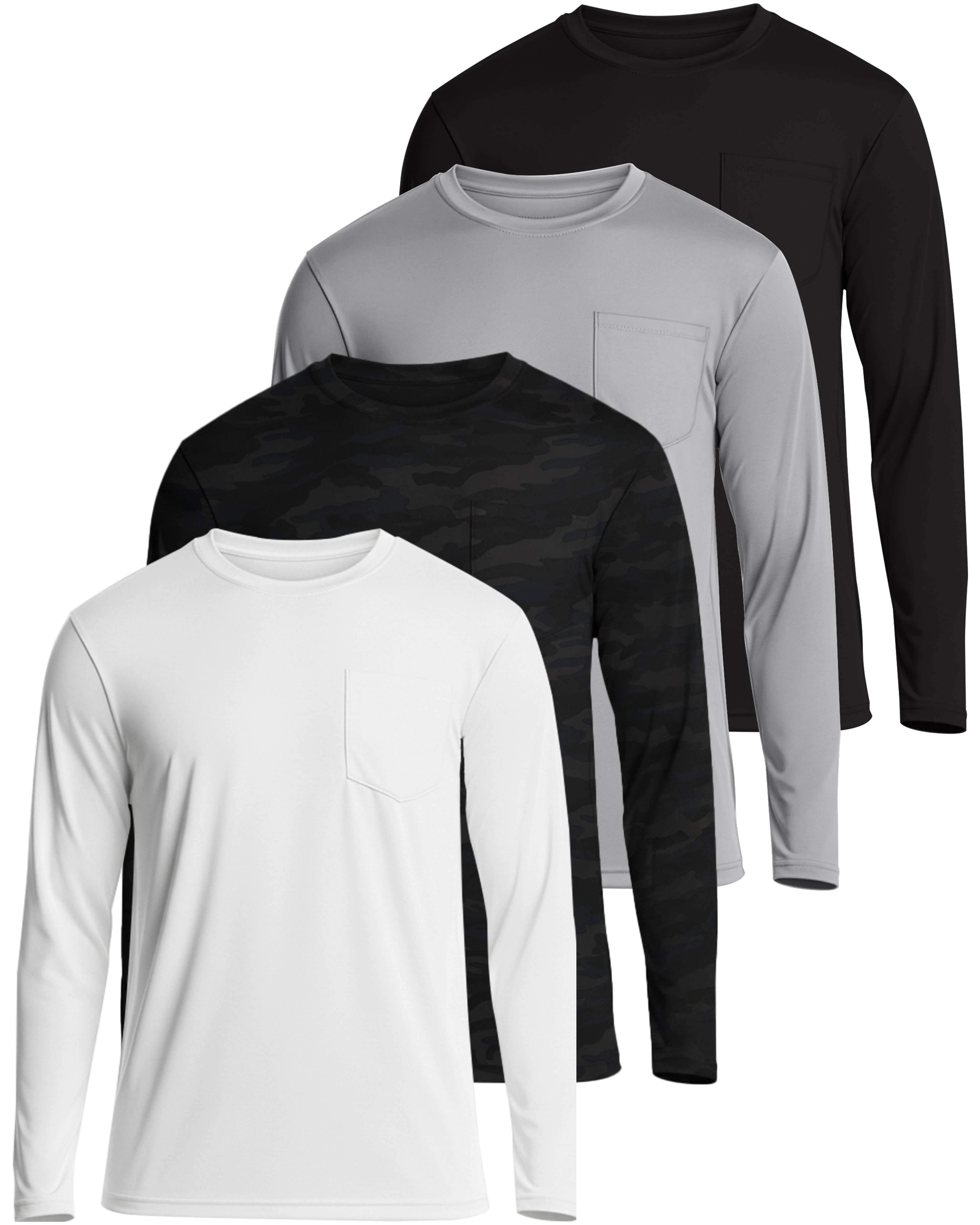 4 Pack: Mens Dry-Fit Long Sleeve Pocket Crew T-Shirt