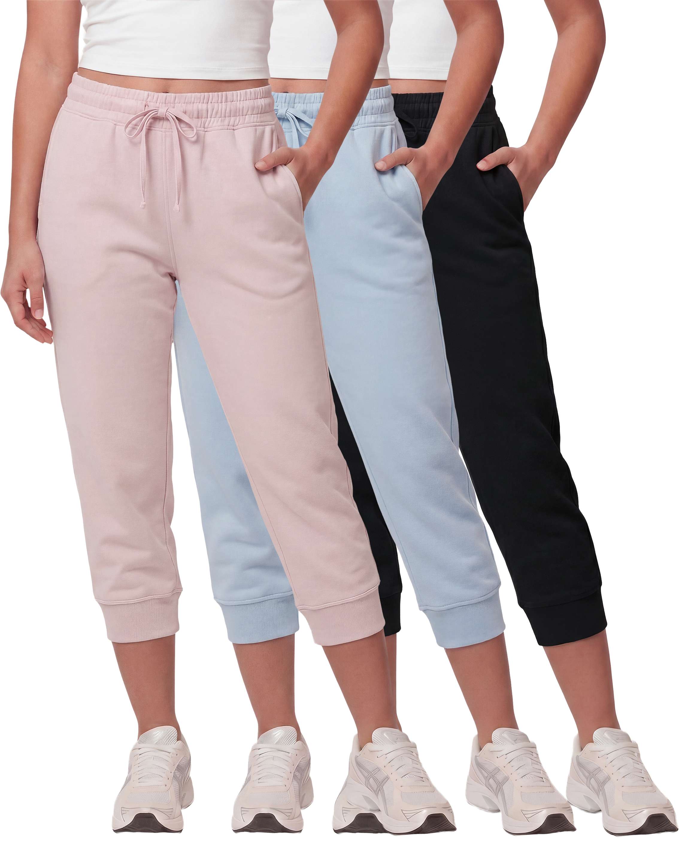 Real Essentials 3 Pack: Women’s Fleece Capri Joggers Athletic Lounge Gym Running Sweatpants with Pockets