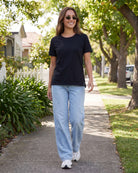 Real Essentials 3 Pack Women's Cotton Tshirts Split Hem Short Sleeve Crew Neck Tees Tops - Solid Black, Solid Black, Solid Black