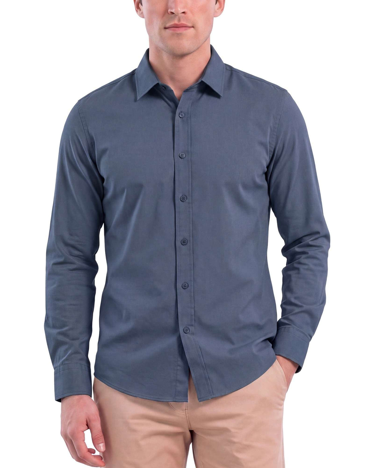 Real Essentials Men's Long Sleeve Cotton Button Down Shirts Casual Work Business Tops - Solid Vintage Indigo