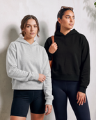 Real Essentials 2 Pack Women's Cropped Hoodies Crop Sweatshirt Ladies Fleece Pullover Top - Solid Black, Grey Heather