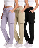 Real Essentials 3 Pack Women's Fleece Cargo Sweatpants Lounge Casual Sweat Pants Pockets - Solid Black, Solid Mojave Desert, Solid Orchid Petal