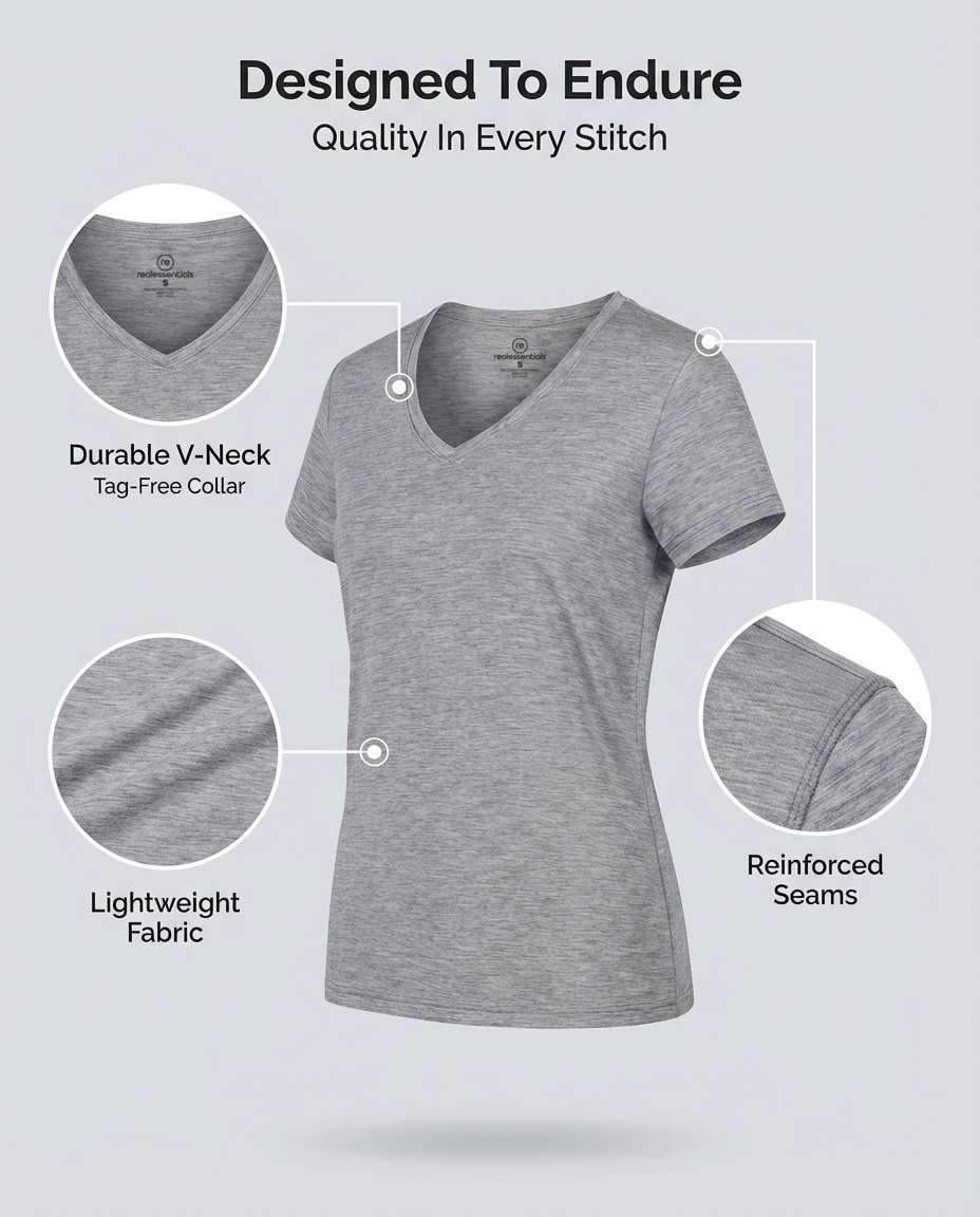 Real Essentials 5 Pack Womens Dry Fit V Neck Workout Tops Athletic T Shirts Gym Yoga Tees - Set 16